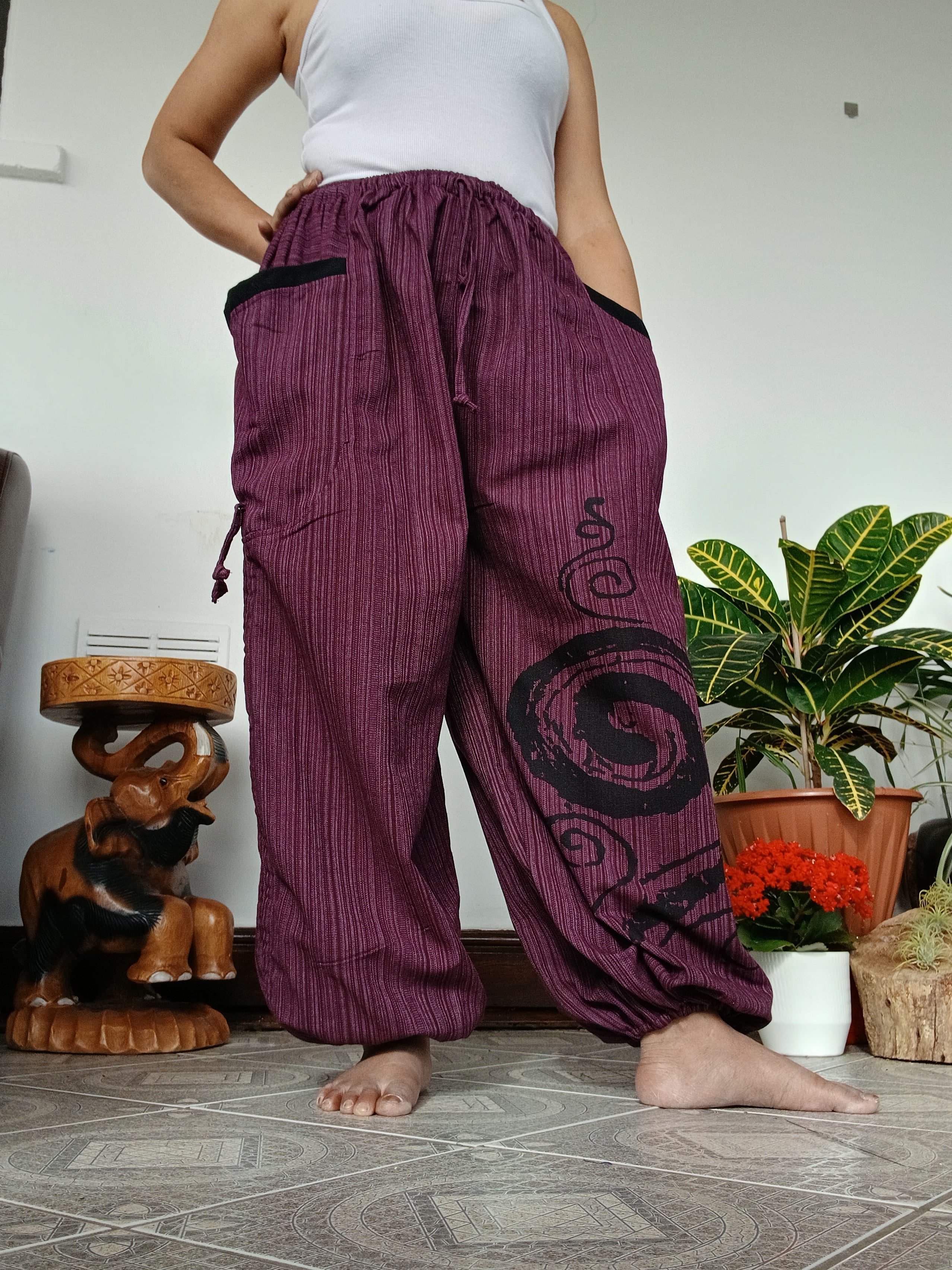 Purple cotton baggy hippie Boho poofy trousers joggers loose-fit harem pants