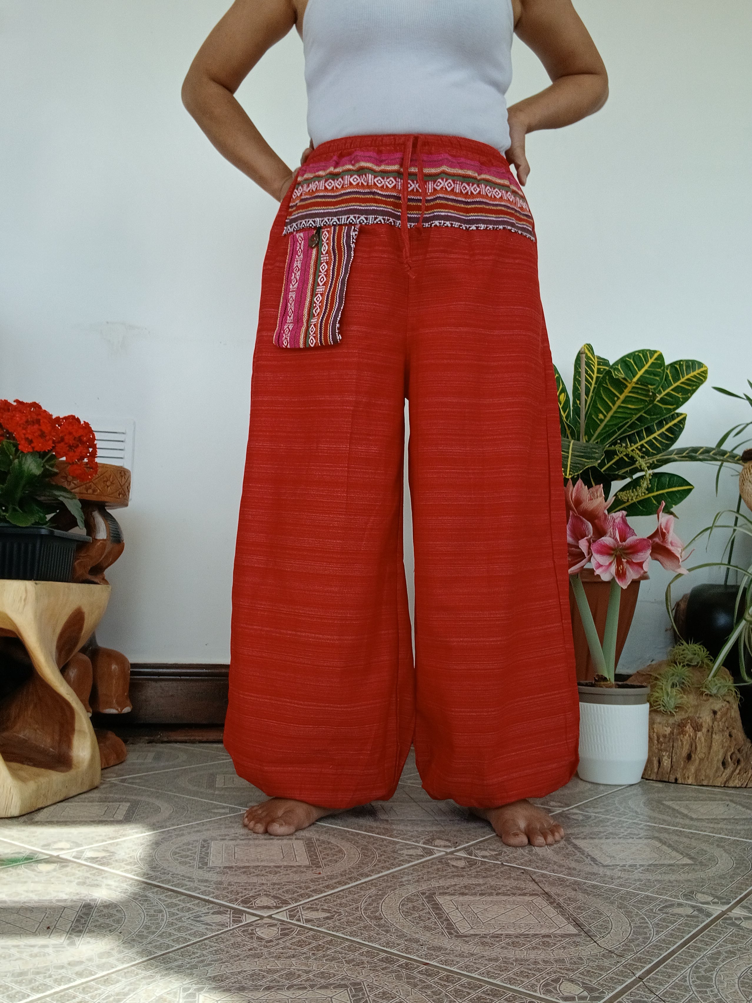 Cotton red Boho baggy hippie Harem Pants with Ethnic Pocket – Size S–L