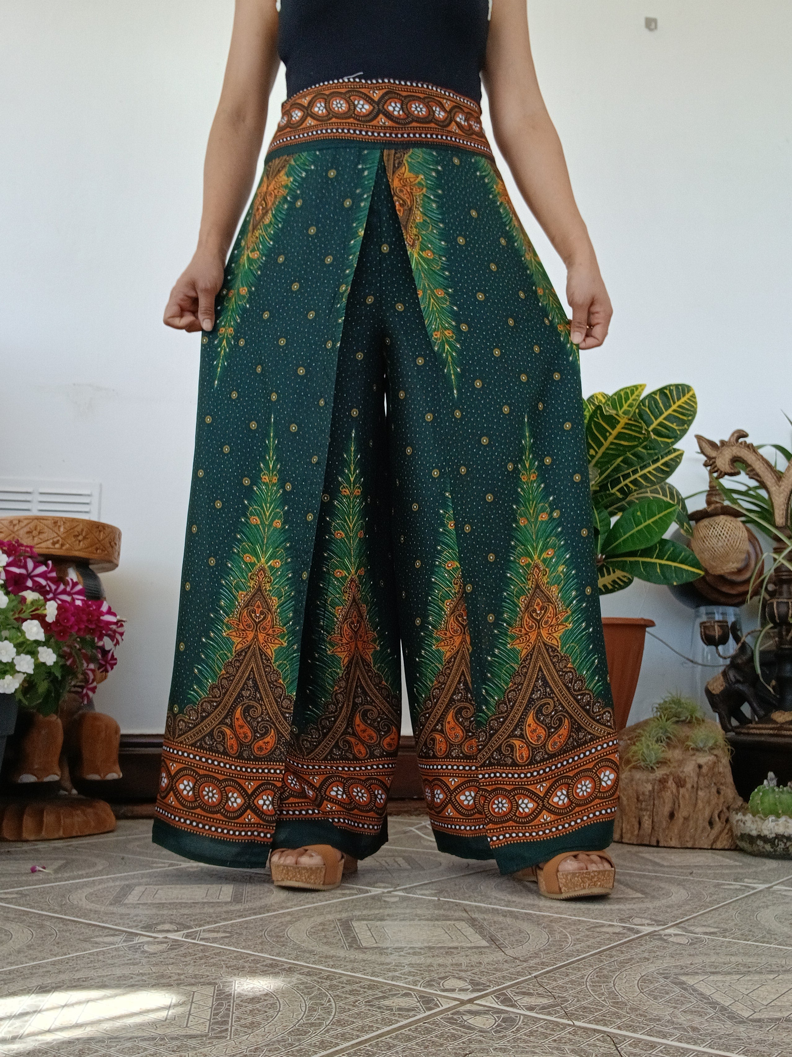 Darkgreen Boho High-Waisted wrap-around style harem pants One size fits 8-10-12