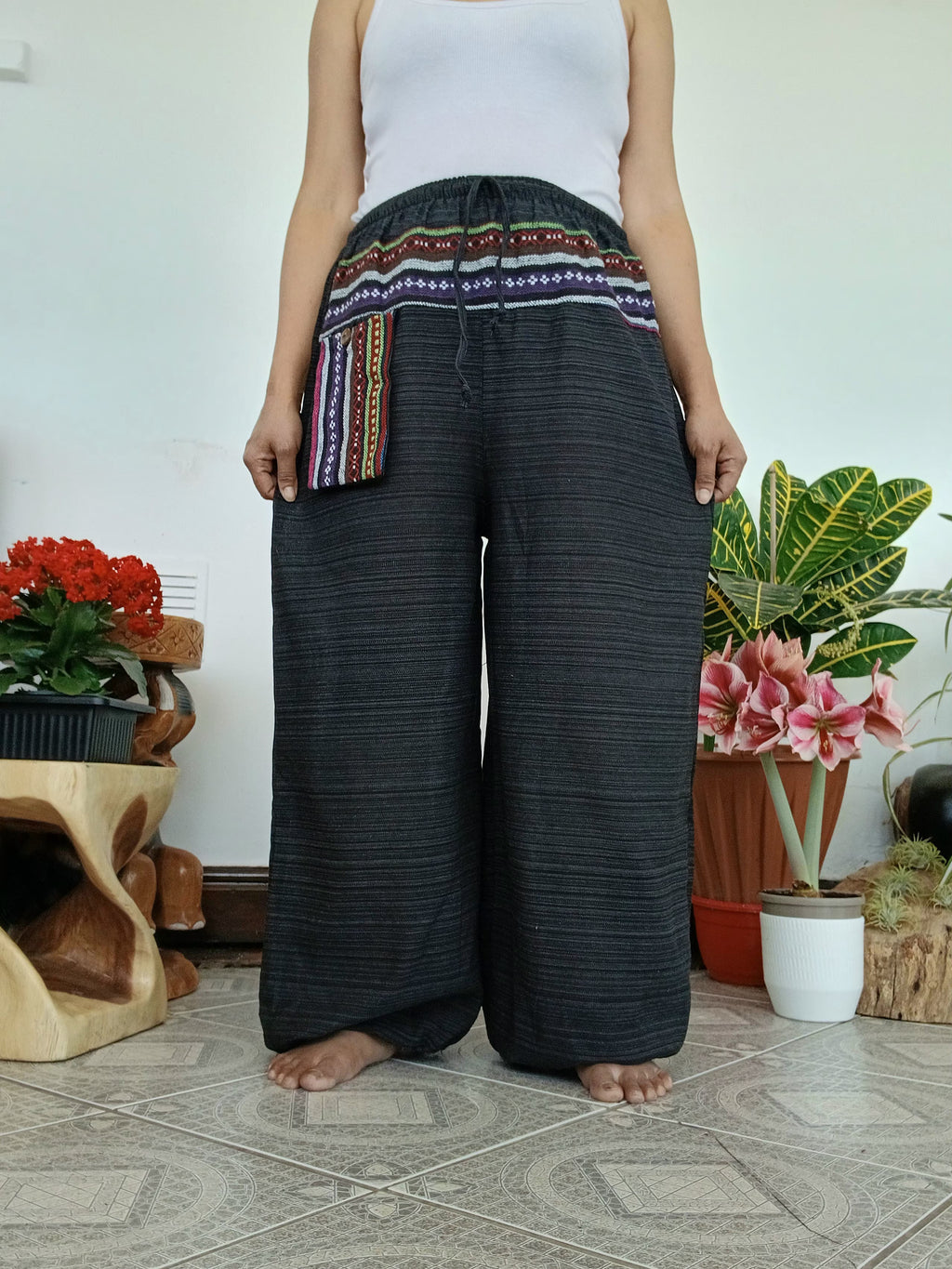 Cotton black Boho Harem Pants with Ethnic Pocket – Relaxed Fit,one size fit 8-10-12