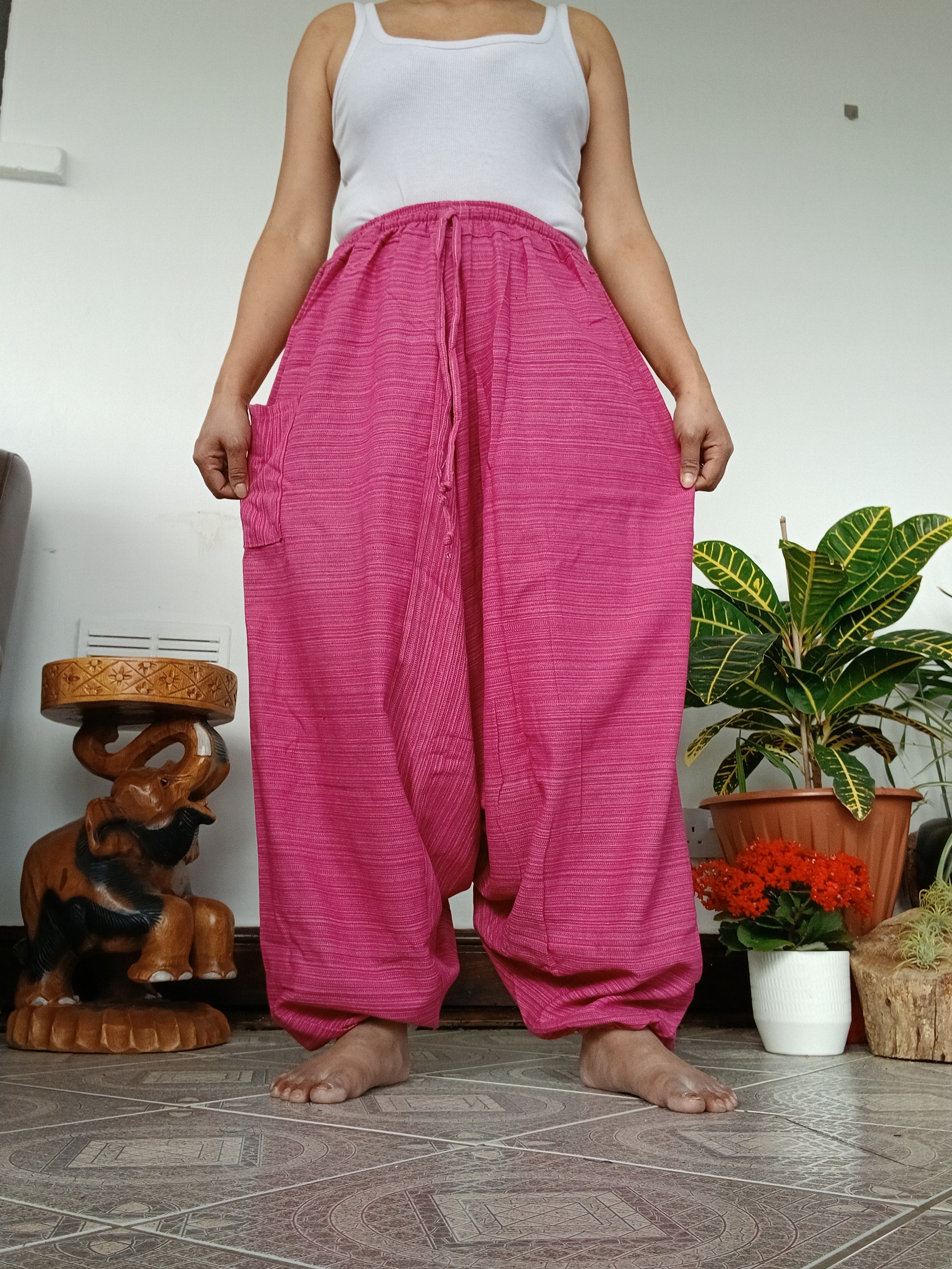 Cotton pink wide leg harem pants baggy hippie Boho relaxed fit yoga meditation Aladdin trousers