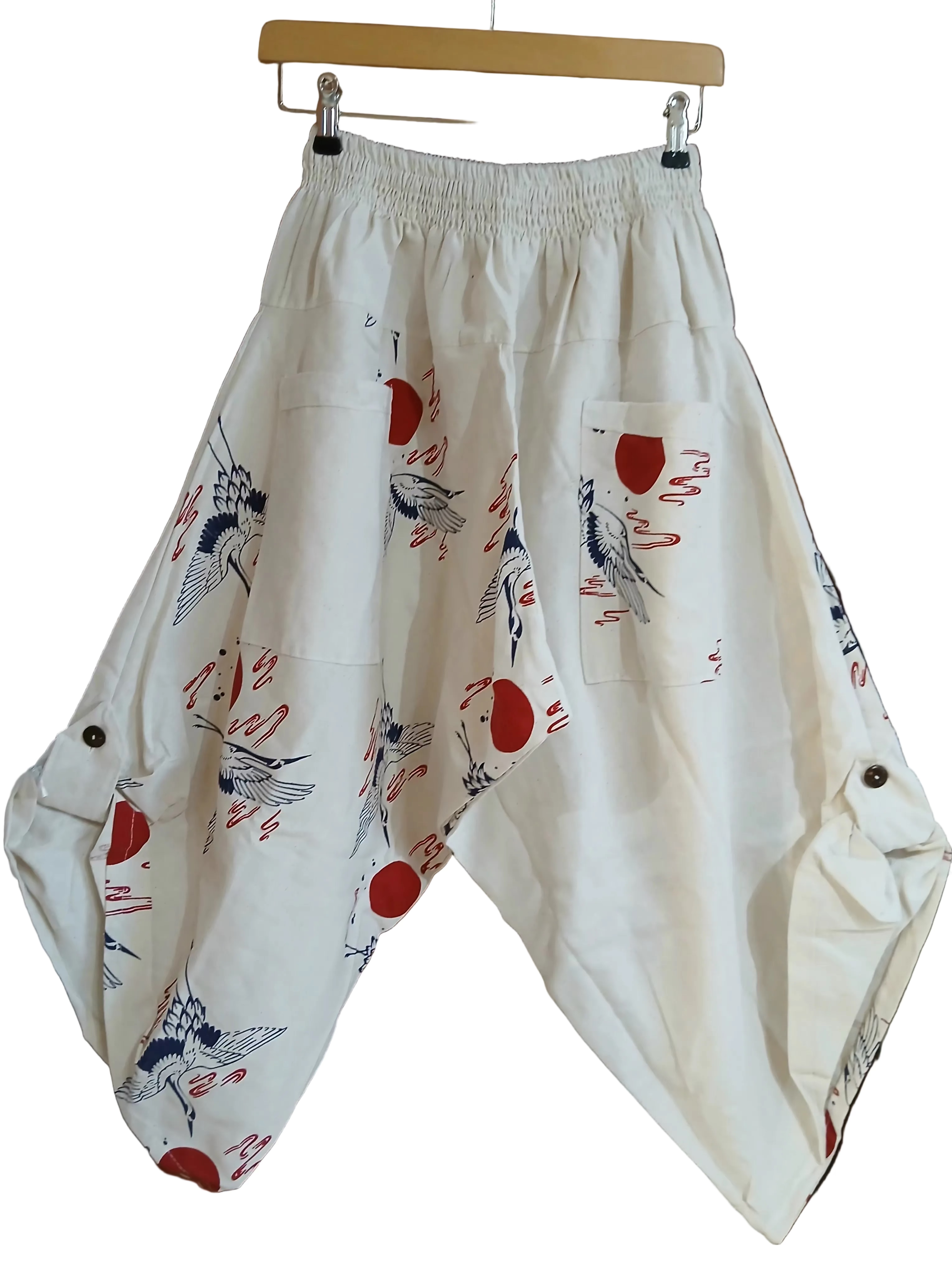 Cotton white Crane Japanese style boho harem pants wide leg hippie trousers one size fit 6-8-10