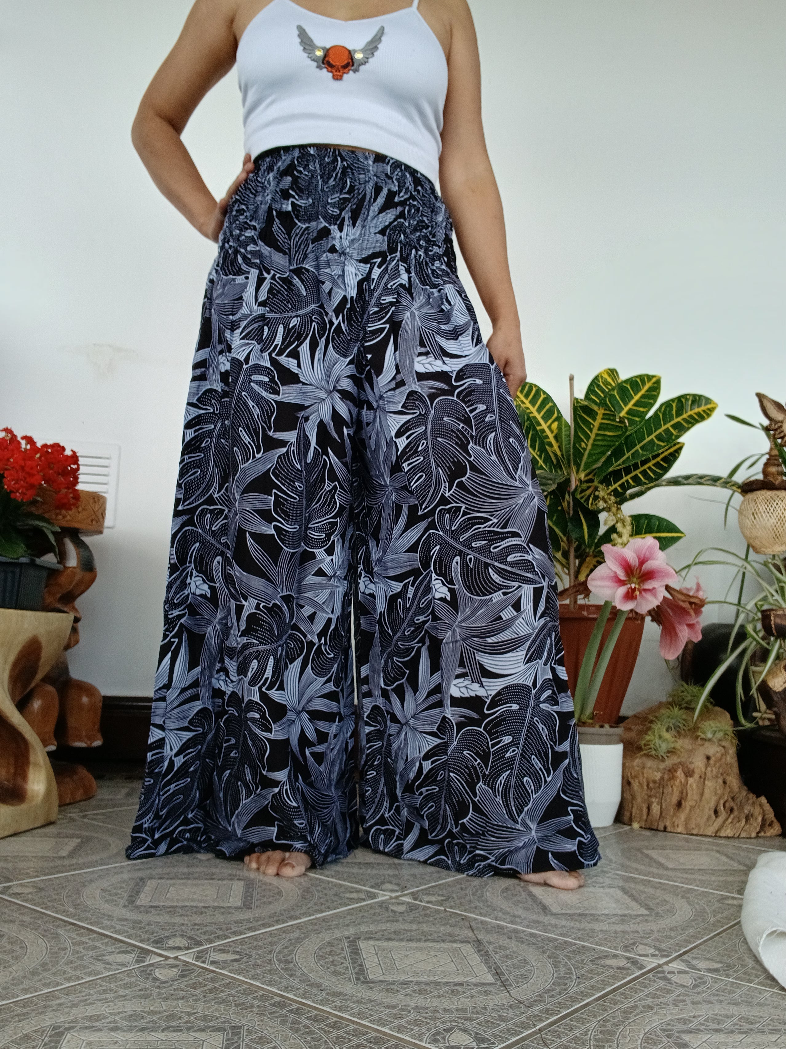 Black Tropical Leaf Wide-Leg Palazzo Harem Pants Boho high-waisted trousers one size