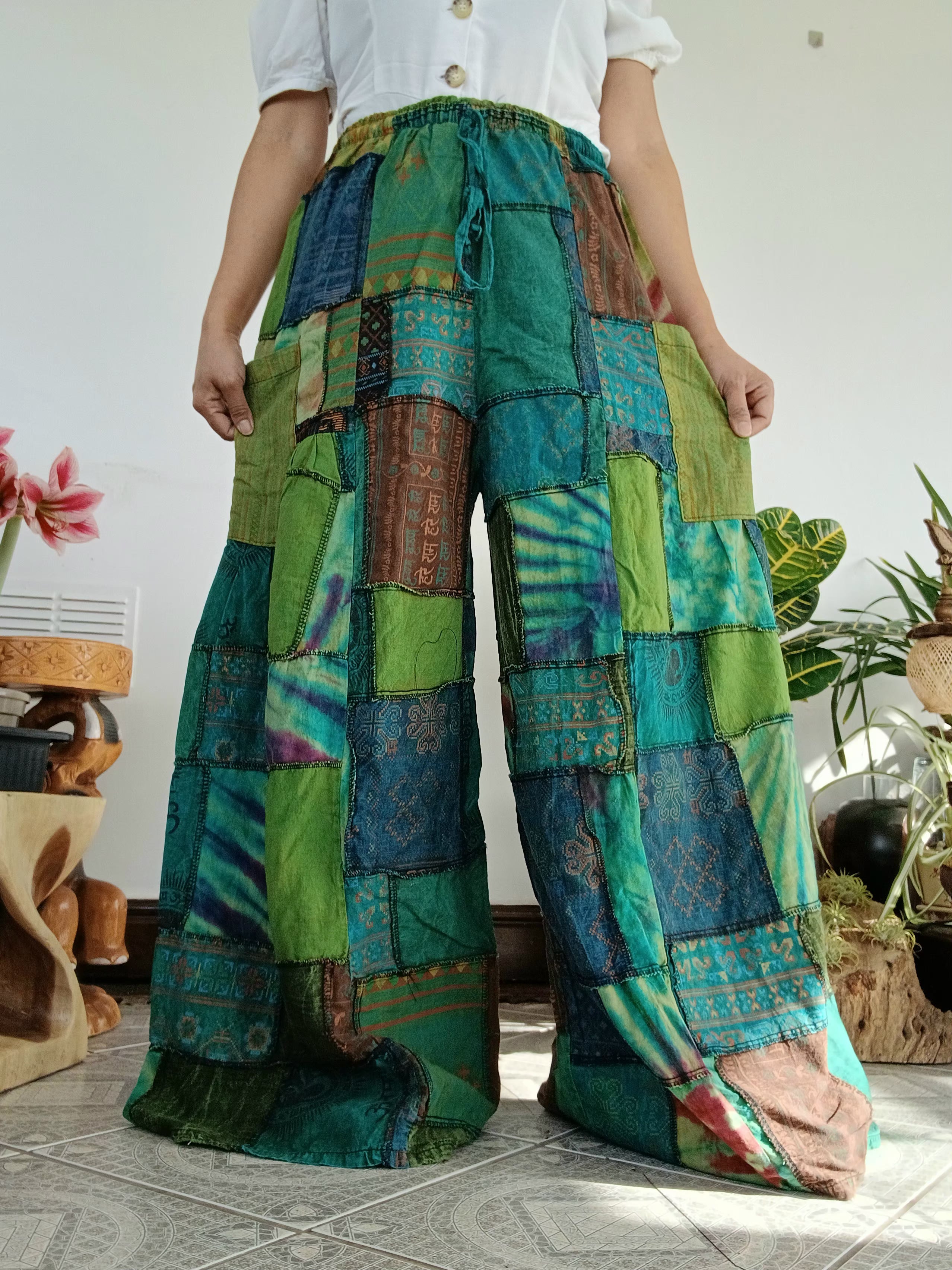 Green Earthy patchwork wide leg Boho Palazzo Harem Pants baggy hippie trousers fit 8-12
