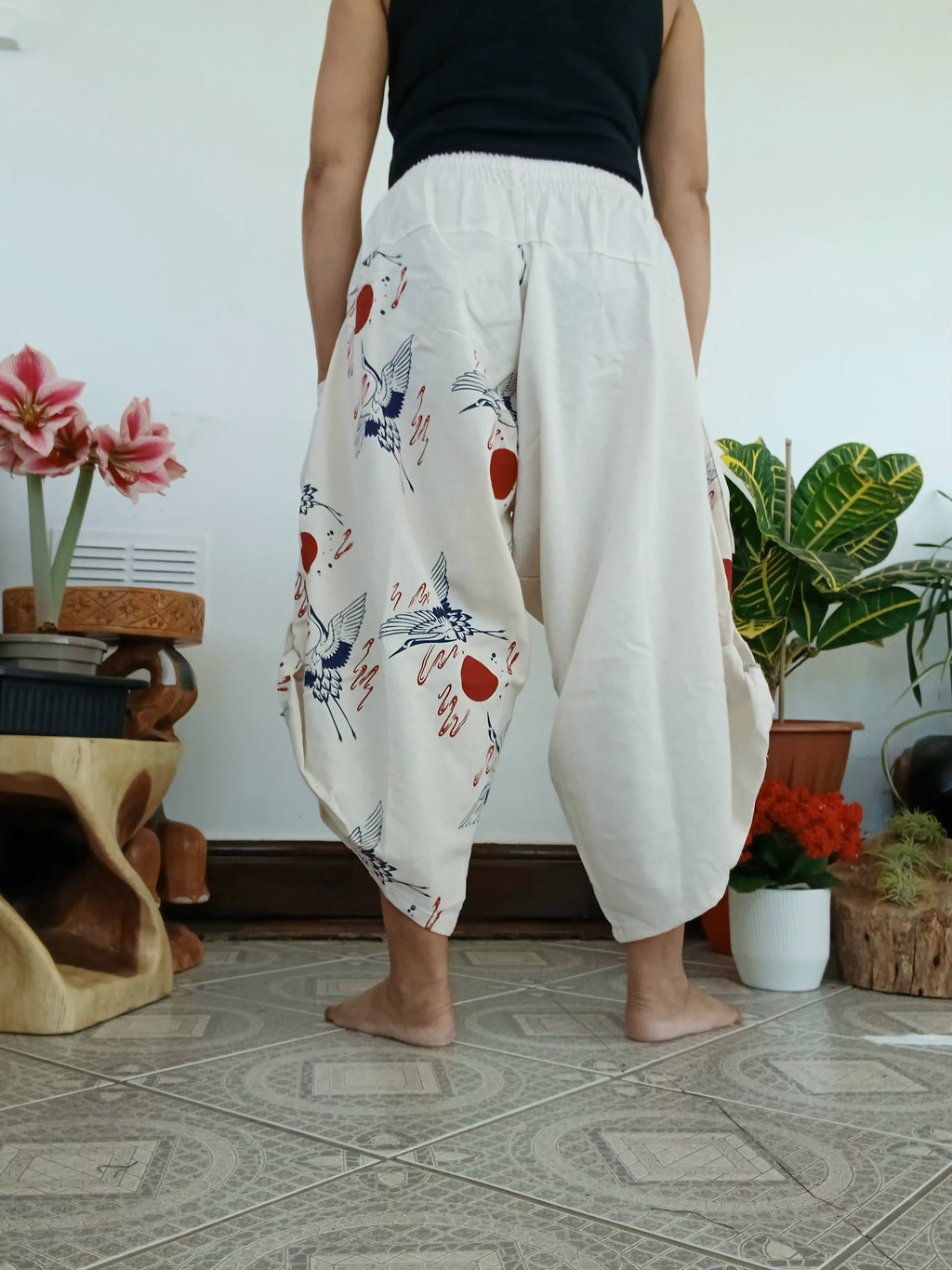 Cotton white Crane Japanese style boho harem pants wide leg hippie trousers one size fit 6-8-10