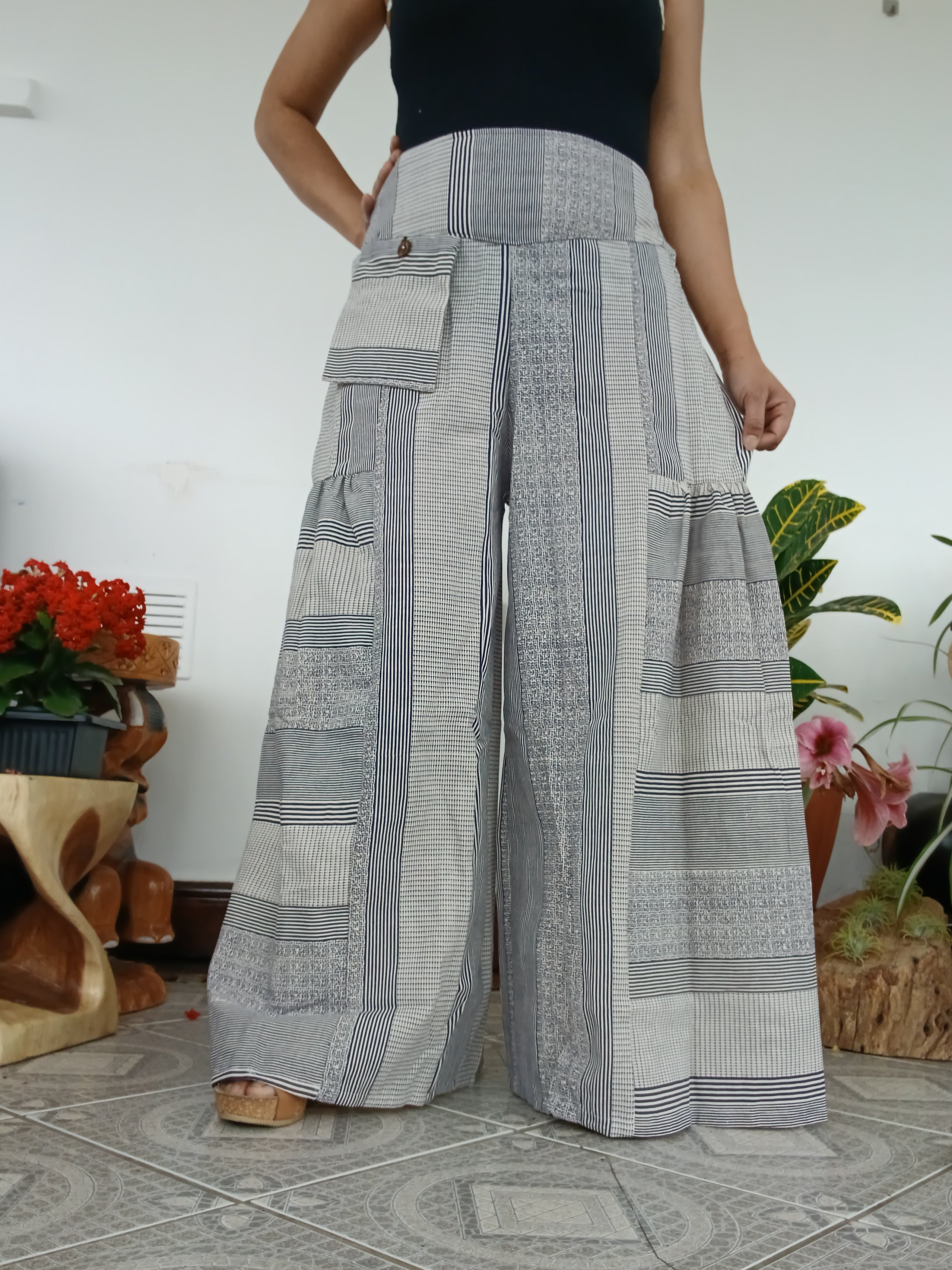 Cotton Cream patchwork Boho Wide-Leg Palazzo elegant Pants baggy hippie Harem Trousers one size fits 8-10-12