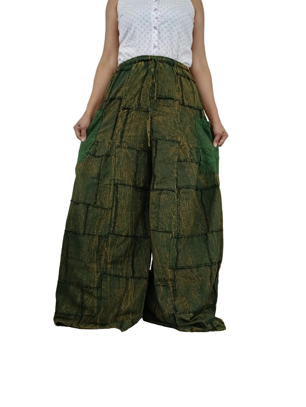 Olive Darkgreen Cotton patchwork baggy Palazzo Harem Pants Boho Wide-Leg trousers one size