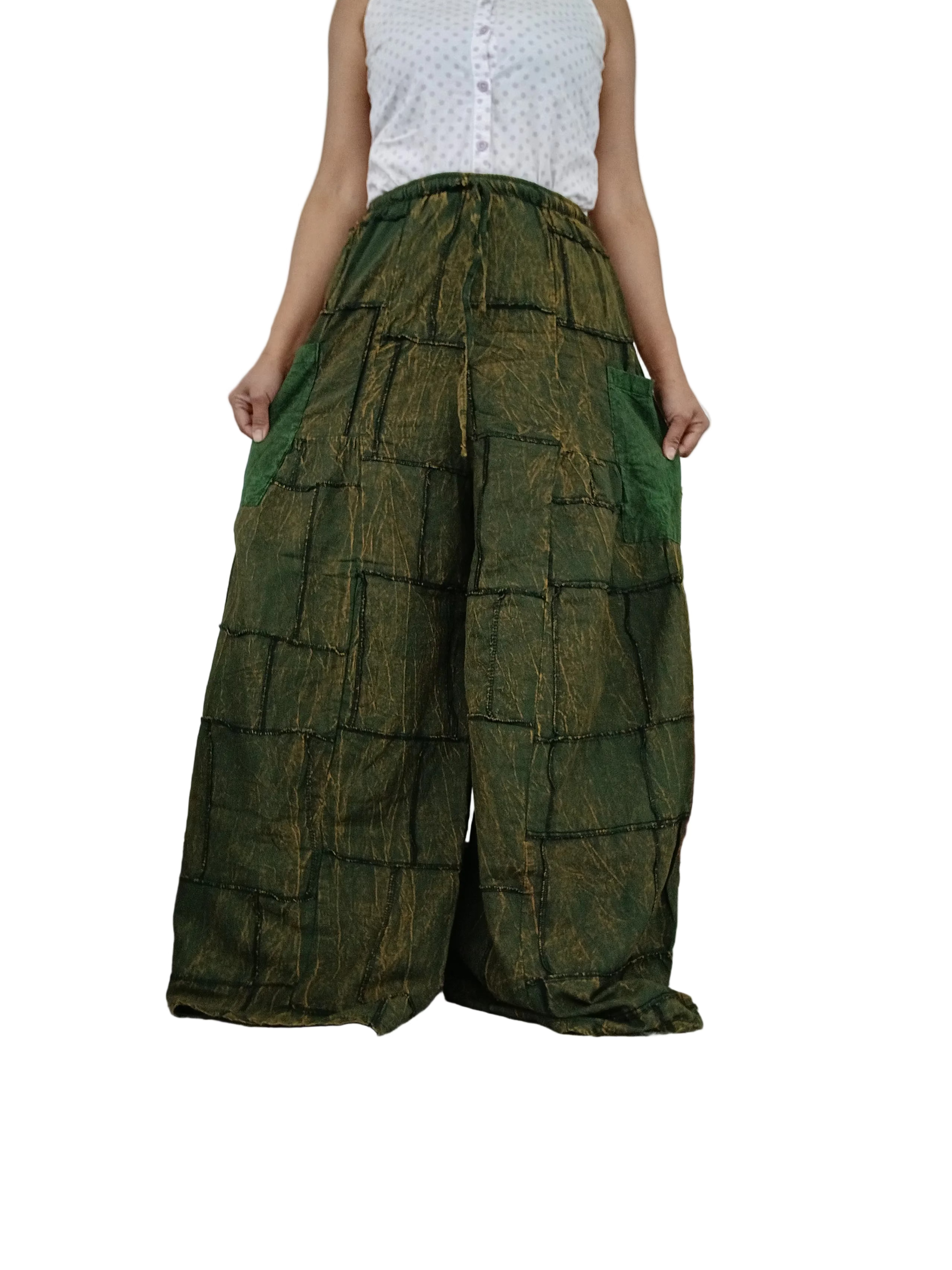 Olive Darkgreen Cotton patchwork baggy Palazzo Harem Pants Boho Wide-Leg trousers one size
