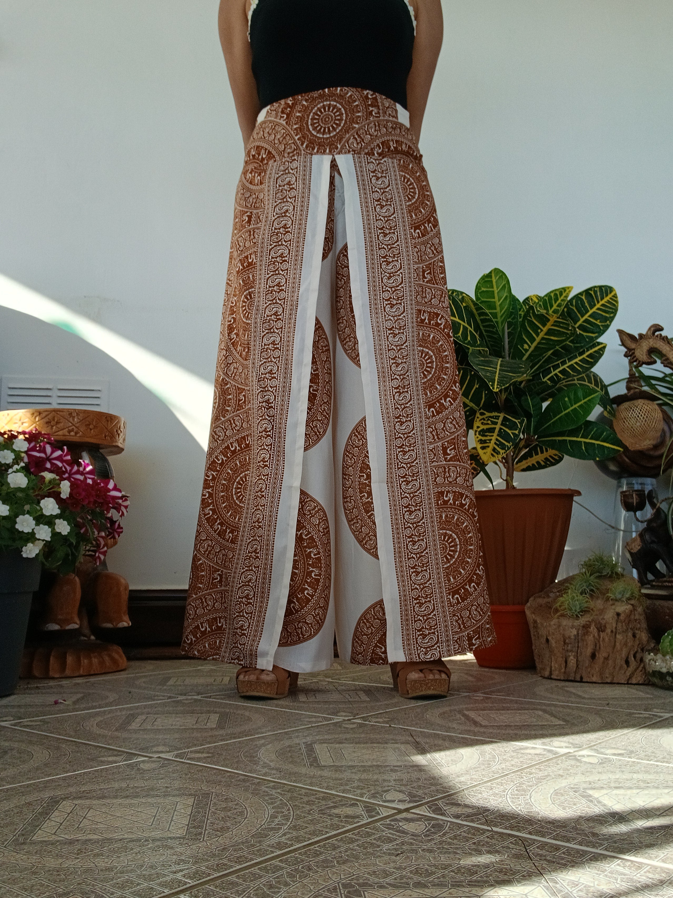 Cream brown bohemian wrap-around style summer festival trousers elegant flowy harem pants One size fits 8-10-12