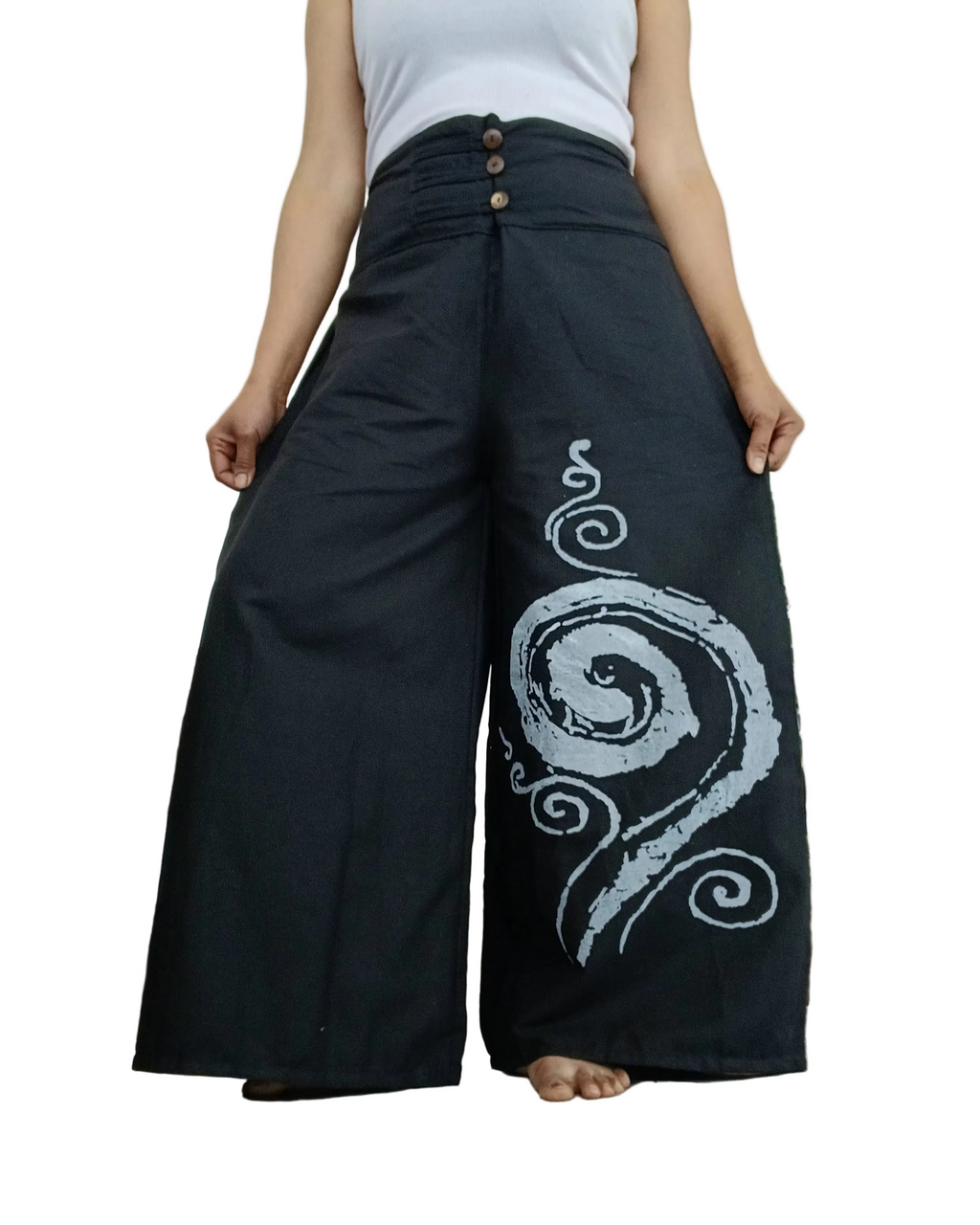 Black cotton baggy boho high-waisted trousers wide leg palazzo flowy harem pants One size fit 8-10-12