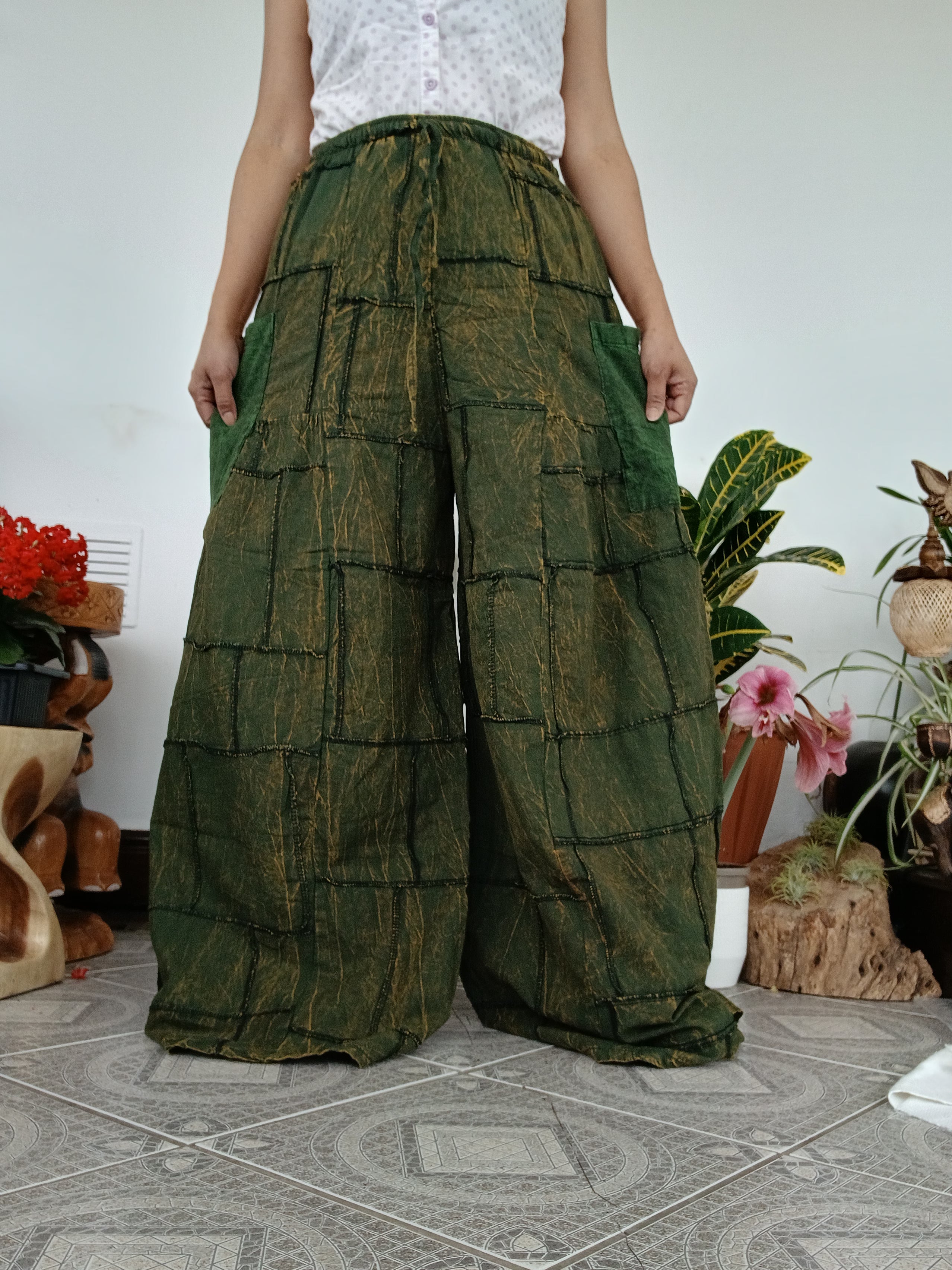 Olive Darkgreen Cotton patchwork baggy Palazzo Harem Pants Boho Wide-Leg trousers one size