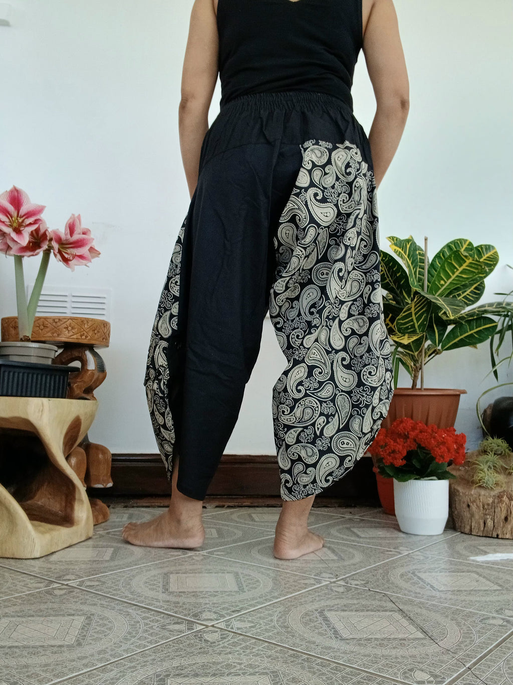 Black cotton paisley-print Ninja Samurai Style harem Pants hippie Boho loose-fit trousers