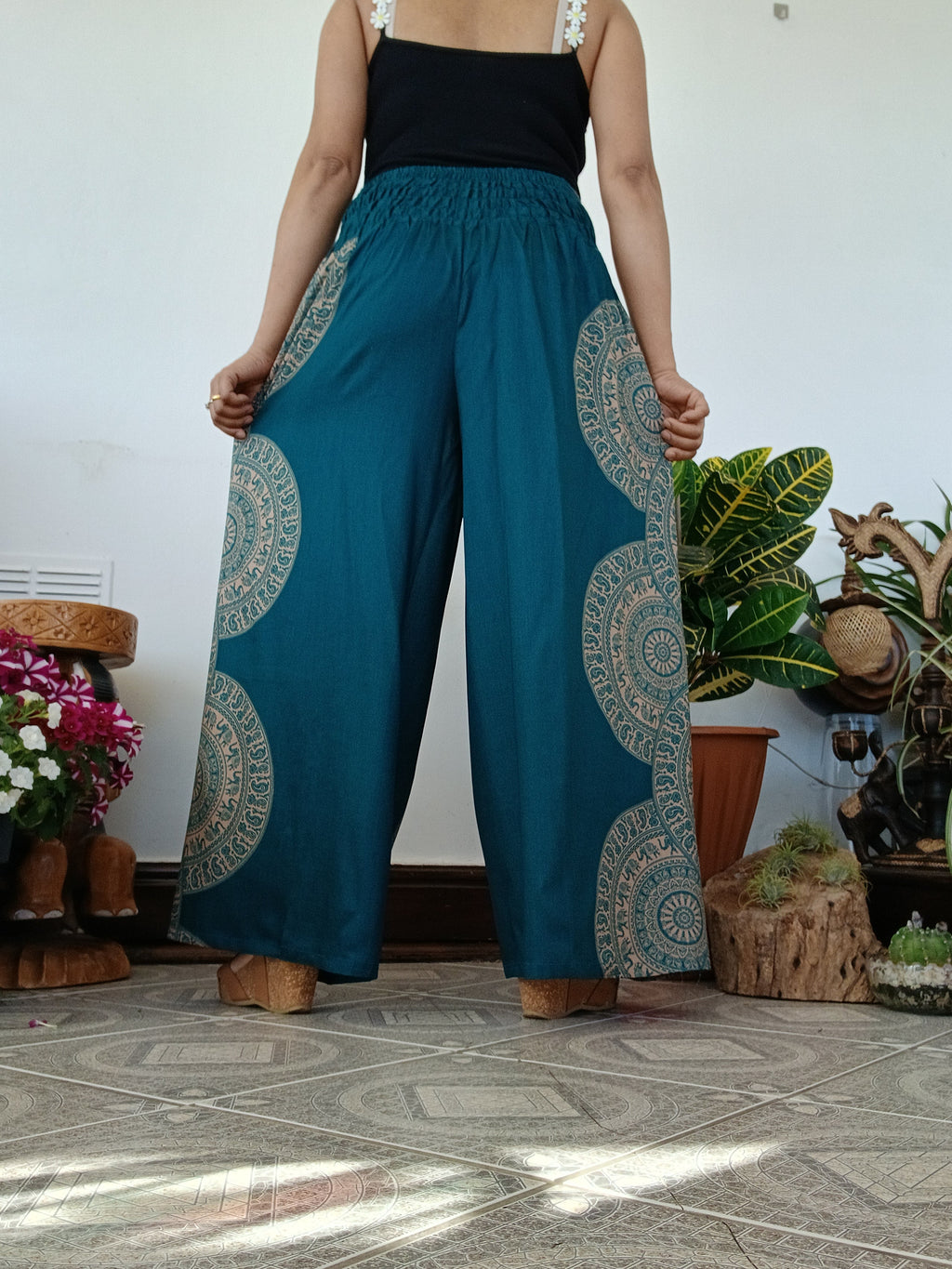 Darkgreen Boho High-Waisted harem pants wrap-around style summer festival trousers one size fit 8-10-12