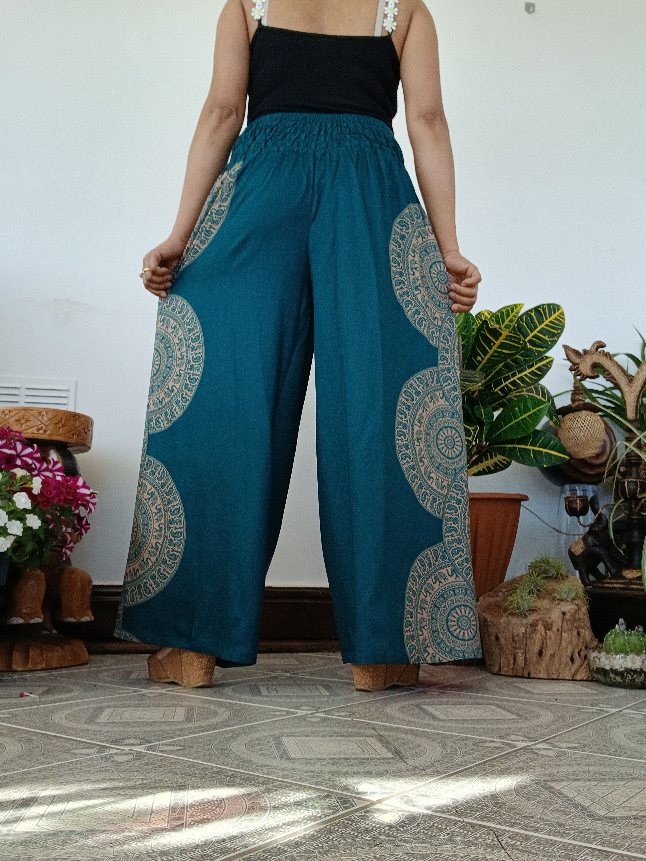Darkgreen Boho High-Waisted harem pants wrap-around style summer festival trousers one size fit 8-10-12