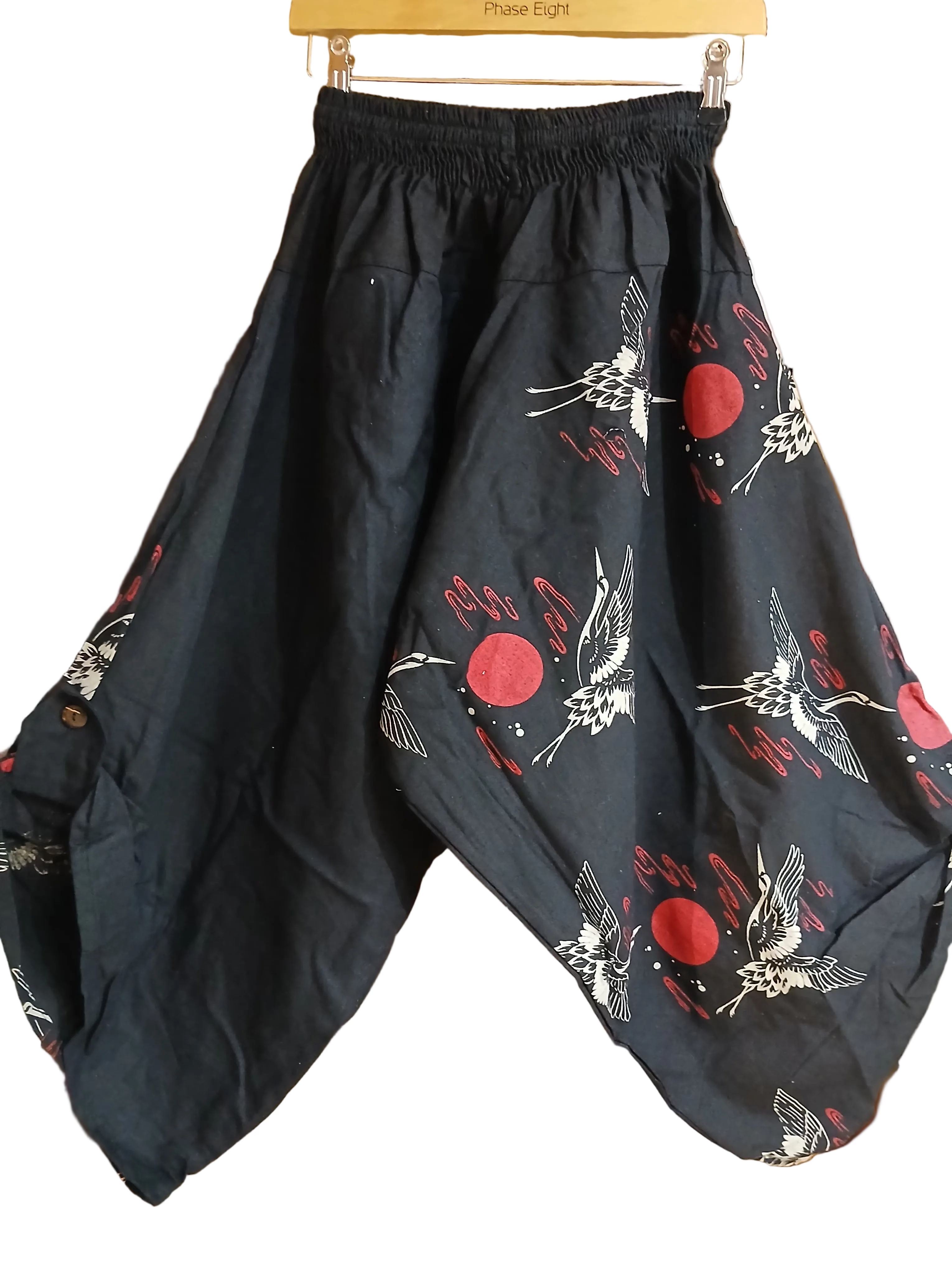 Black Crane Print Balloon boho hippie Trousers harem wide leg pants One size