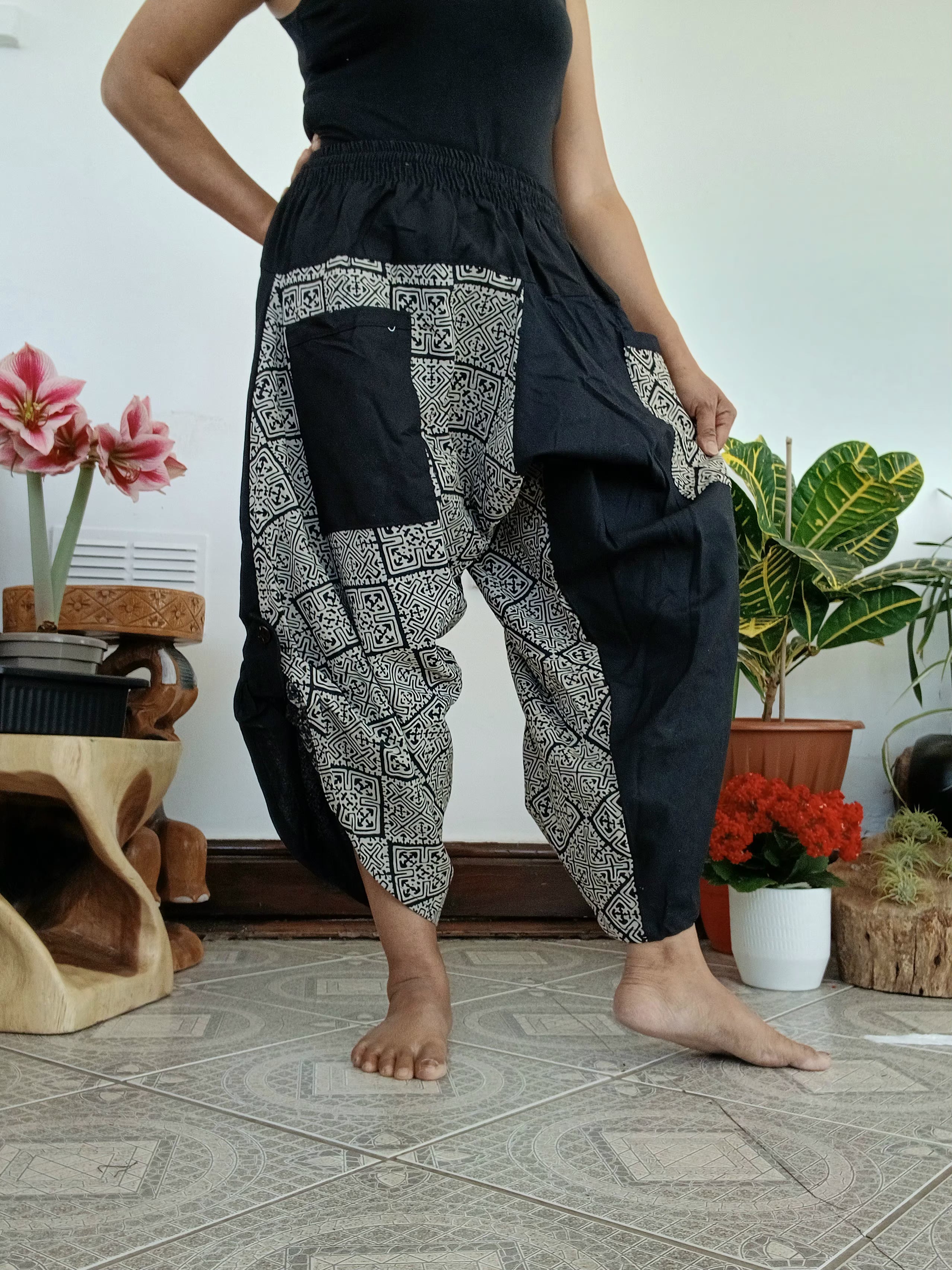 Black cotton with Tribal print Ninja samurai trousers Boho yoga harem pants