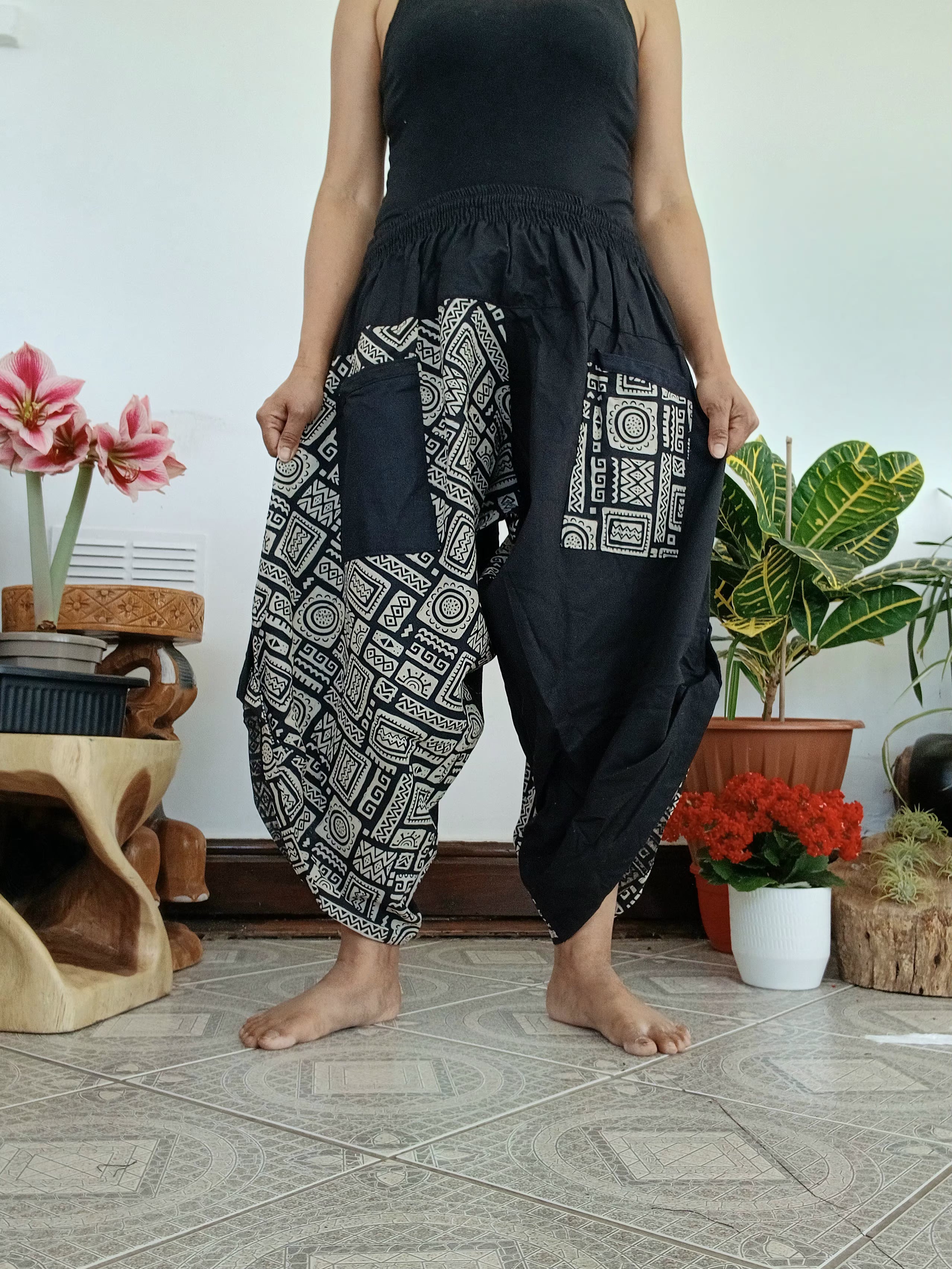 Black Grey cotton Ninja Samurai Style harem pants hippie Boho Cropped trousers