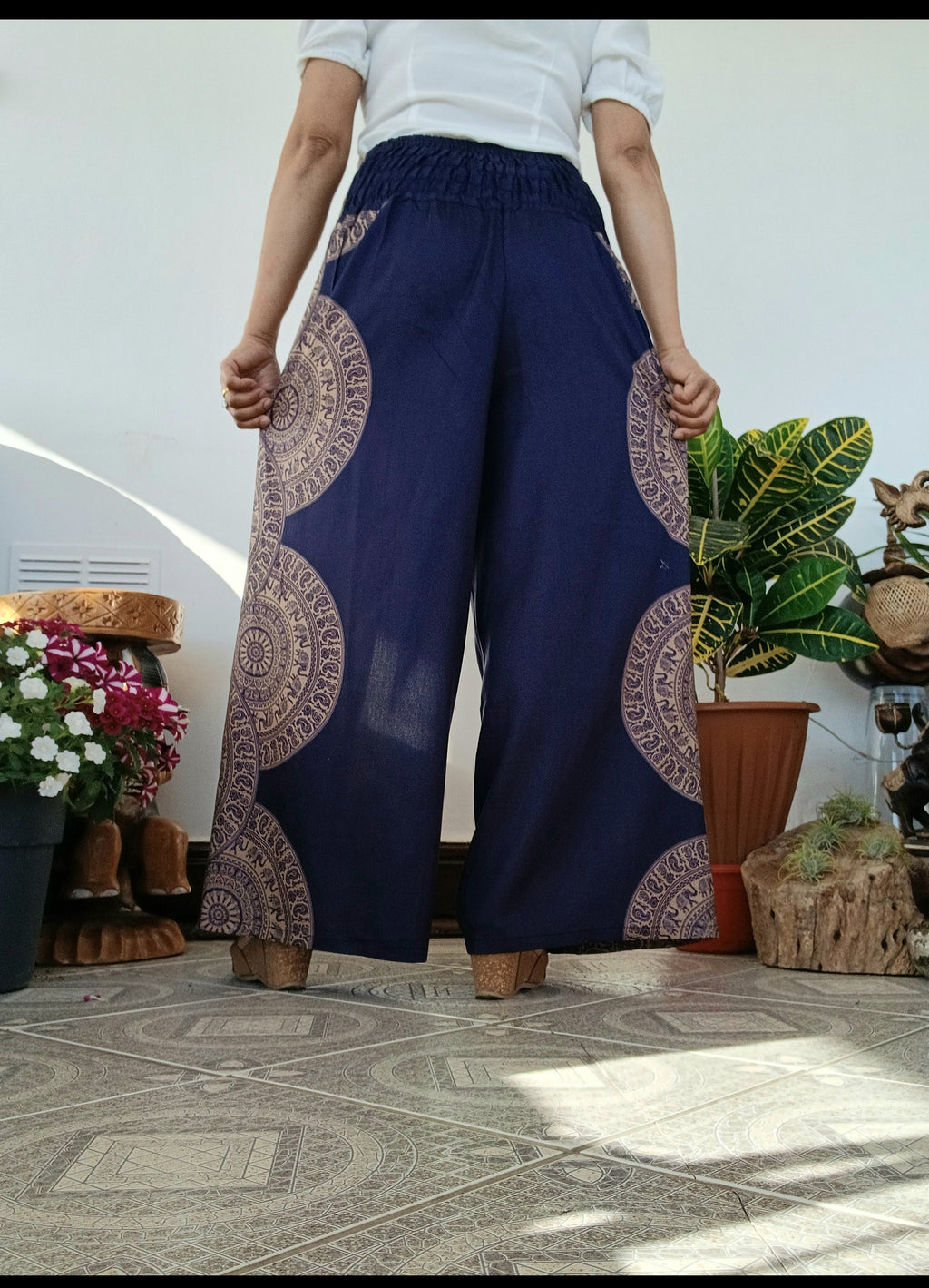 Navy beige Boho flowy elegant harem wrap-around style summer festival trousers one size fit 8-10-12