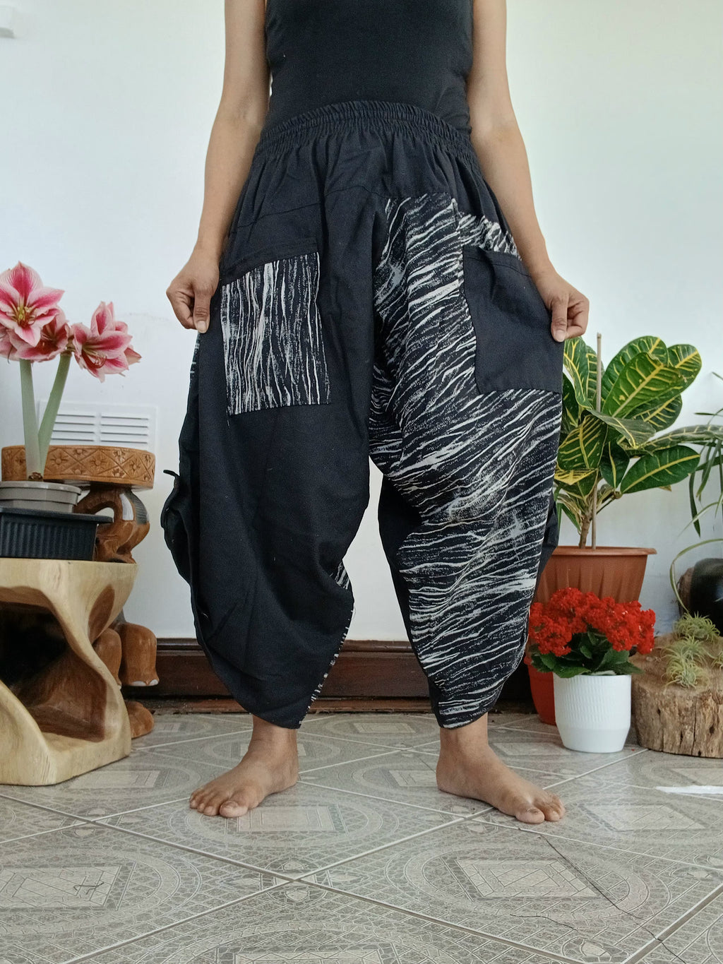 Black abstract print Ninja Samurai Style harem pants hippie Boho trousers one size fit 6-8-10