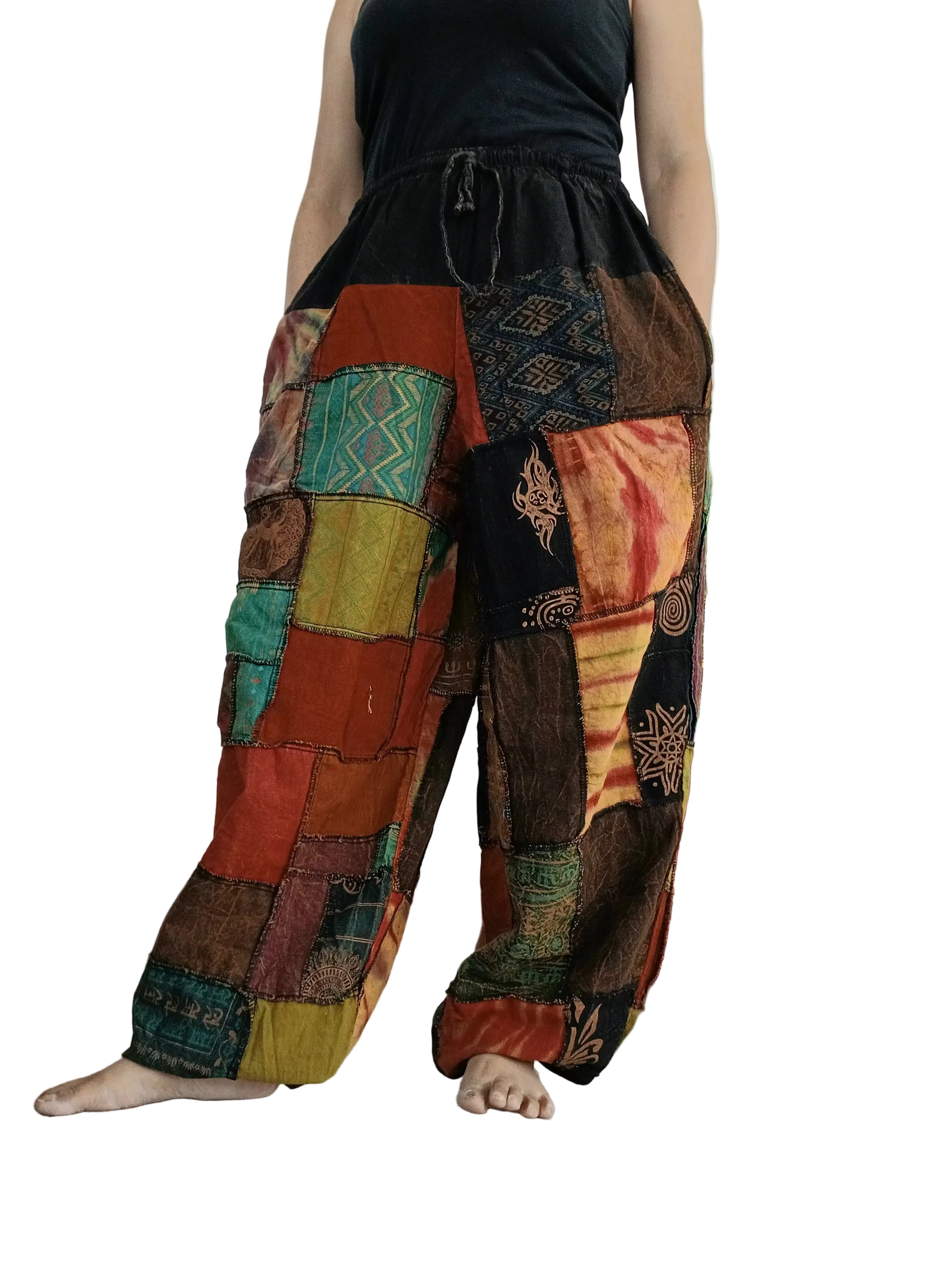 Unisex Stonewash patchwork Boho hippie Harem Trousers relaxed fit Lounge Pants One size fits 8-14