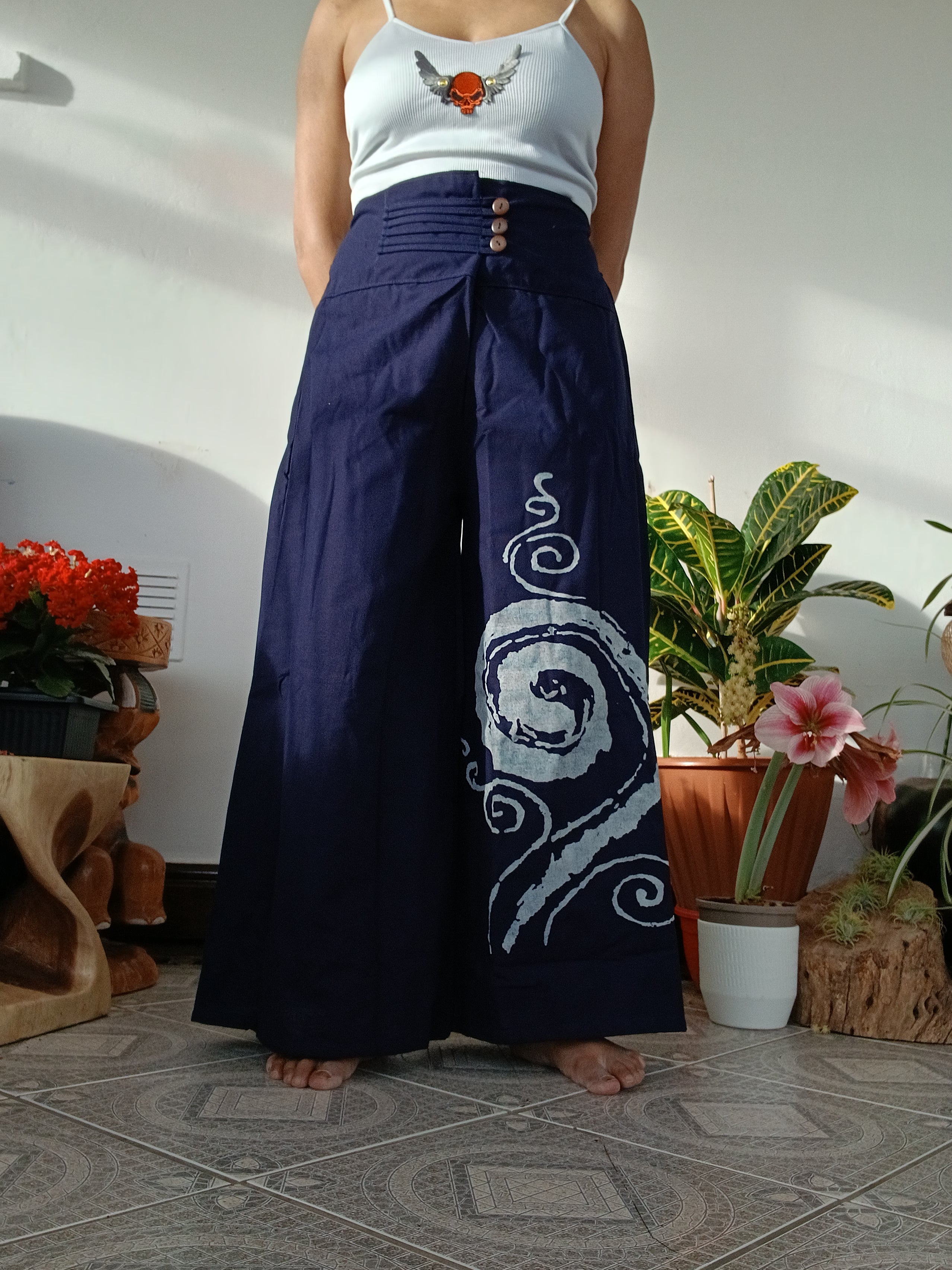 Blue navy cotton baggy wide leg elegant flowy trousers  Boho High-Waisted pants One size fits 8-10-12