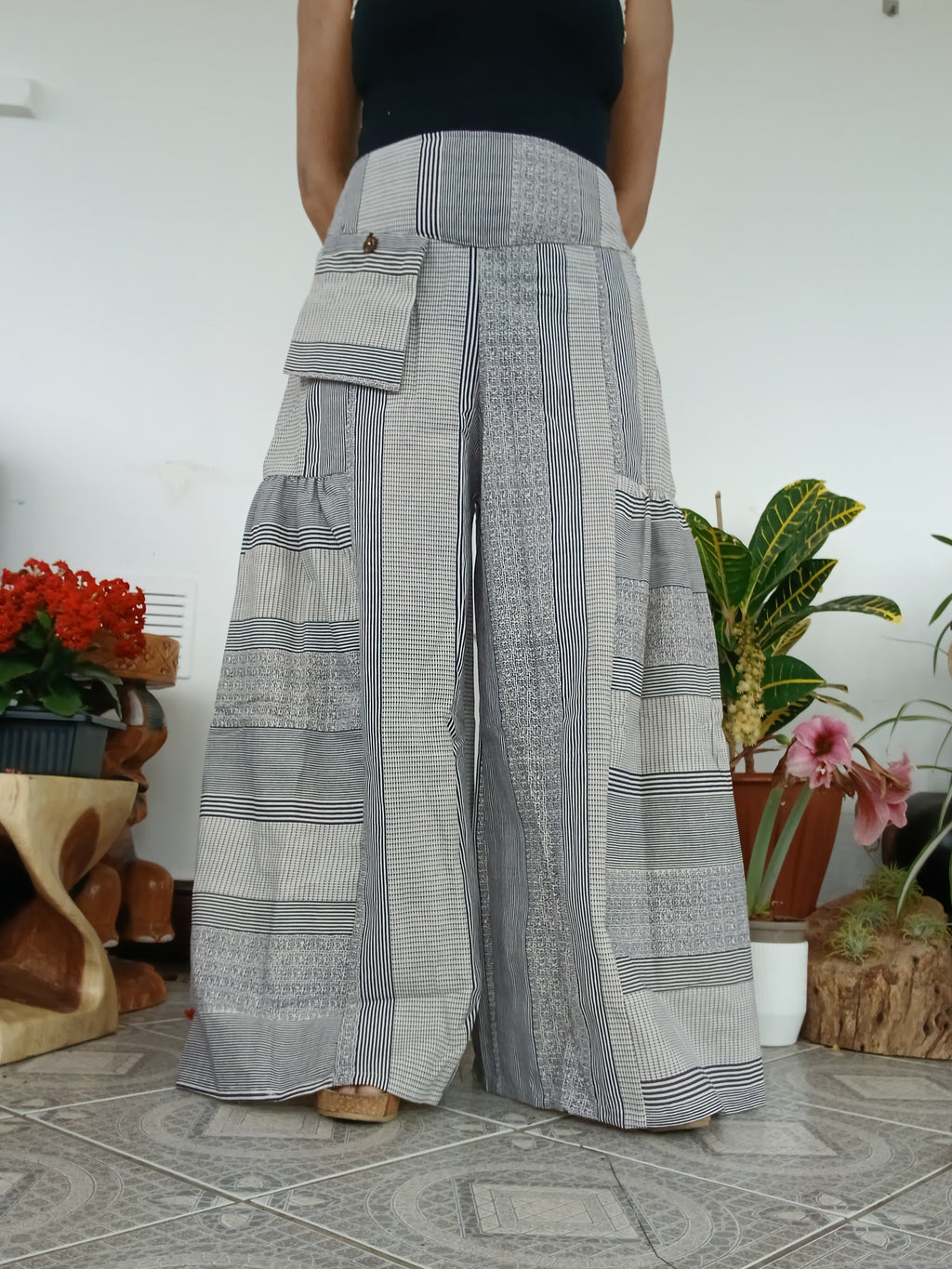 Cotton Cream patchwork Boho Wide-Leg Palazzo elegant Pants baggy hippie Harem Trousers one size fits 8-10-12