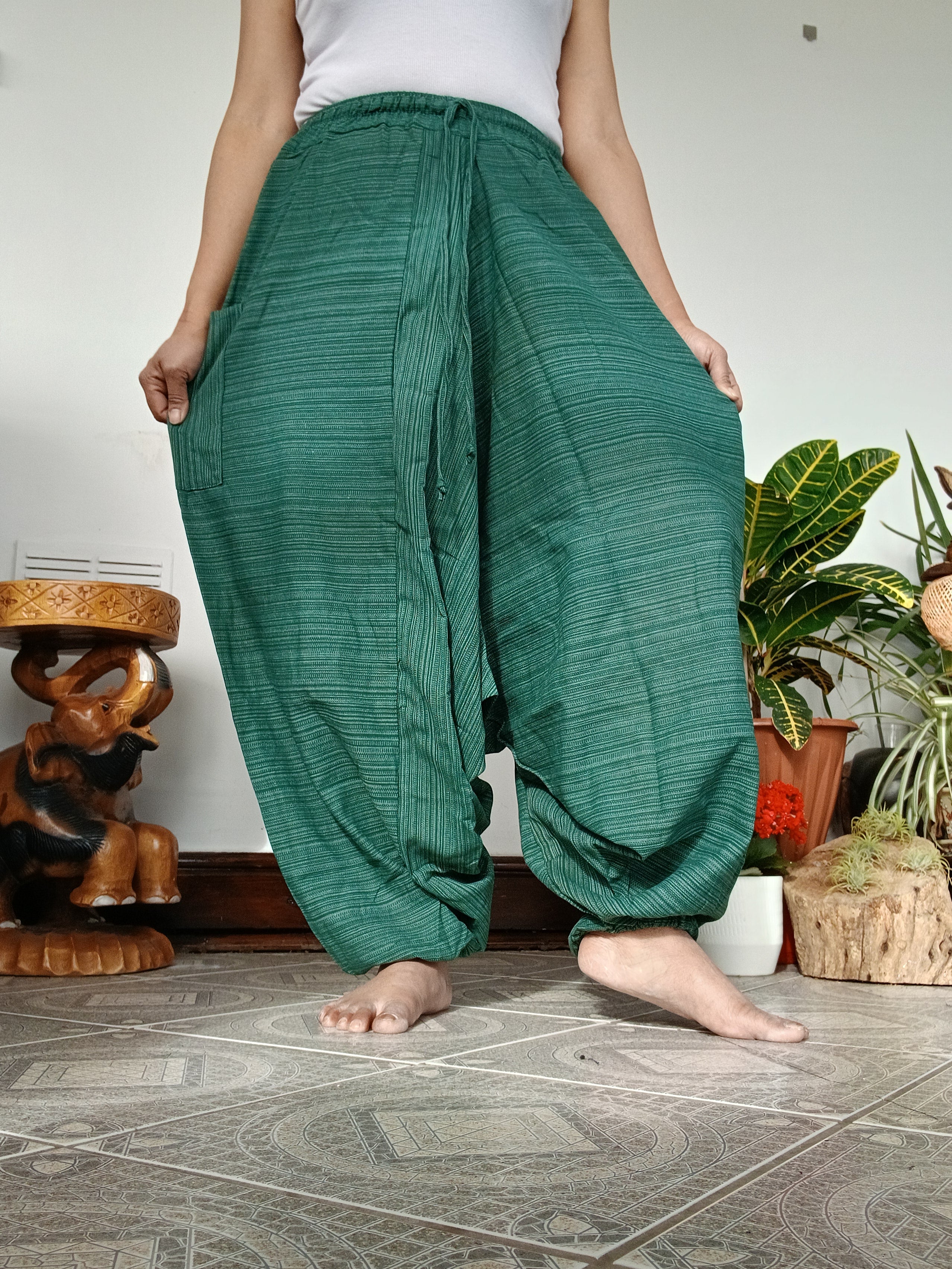 Cotton Green wide leg harem pants Aladdin Genie hippie yoga meditation Boho trousers for unisex