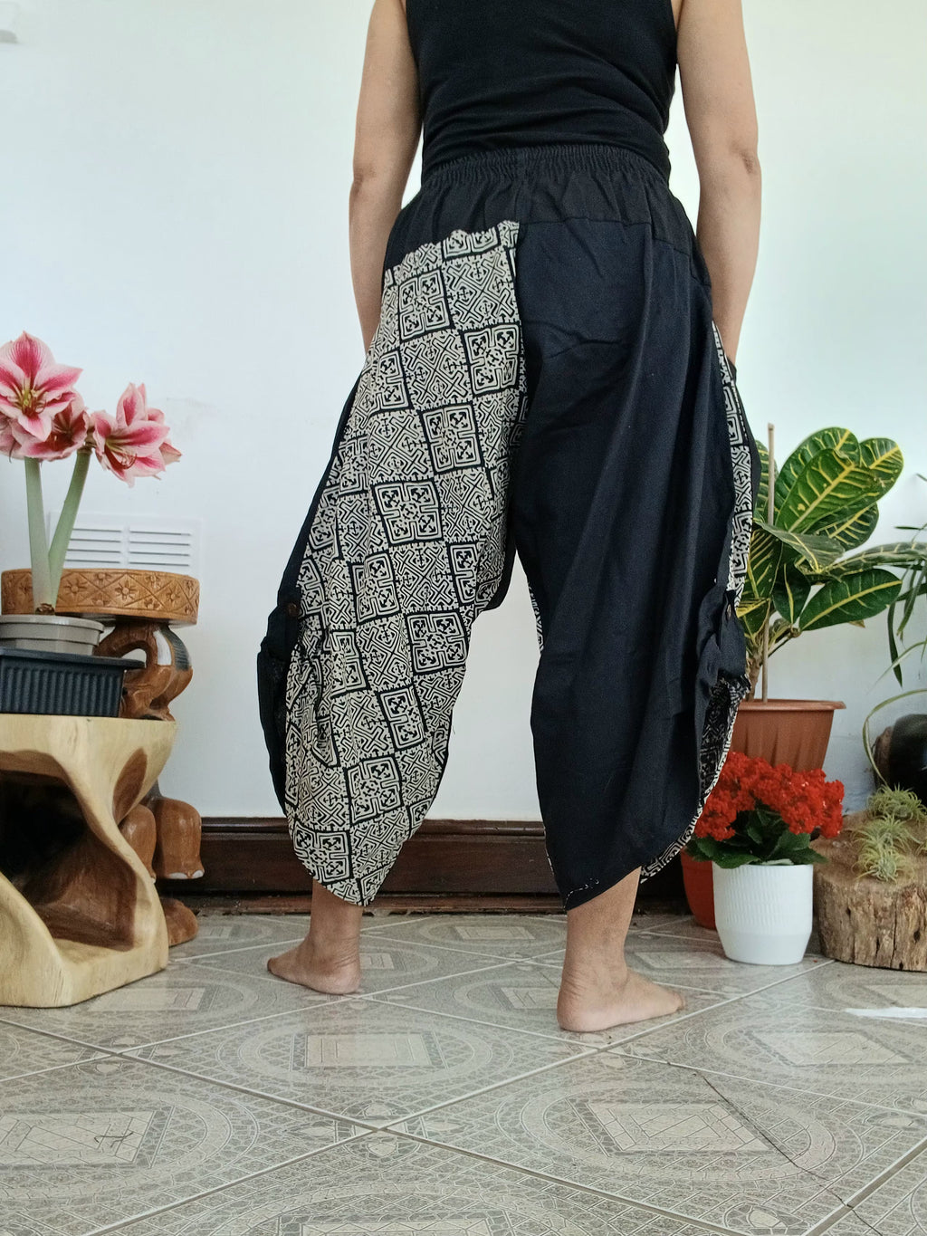 Black cotton with Tribal print Ninja samurai trousers Boho yoga harem pants