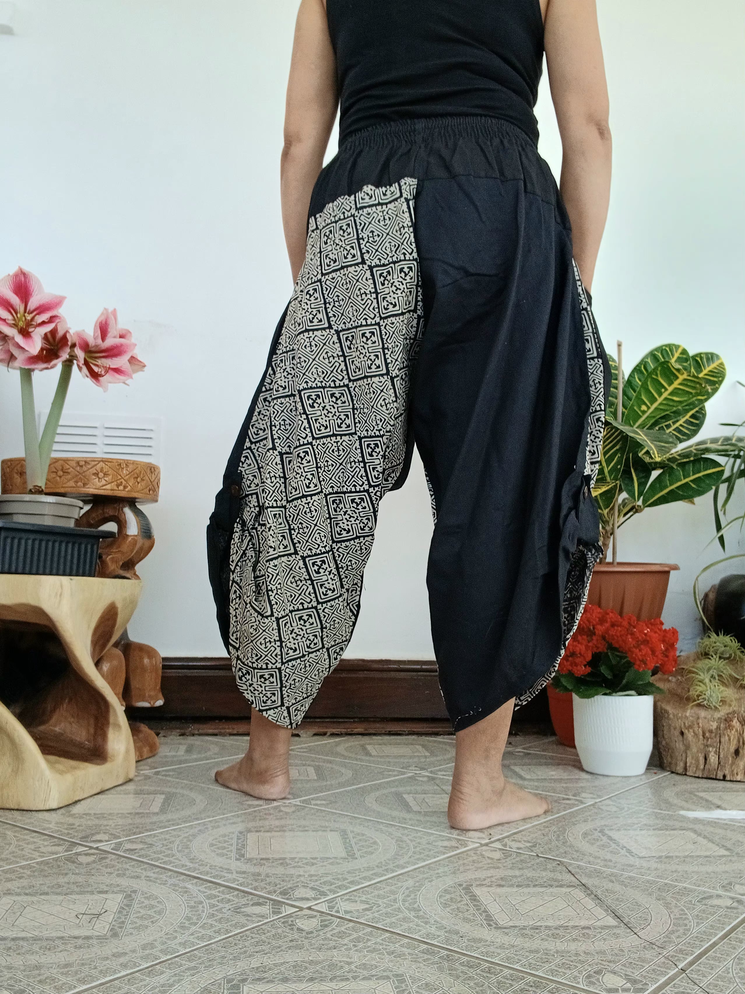 Black cotton with Tribal print Ninja samurai trousers Boho yoga harem pants