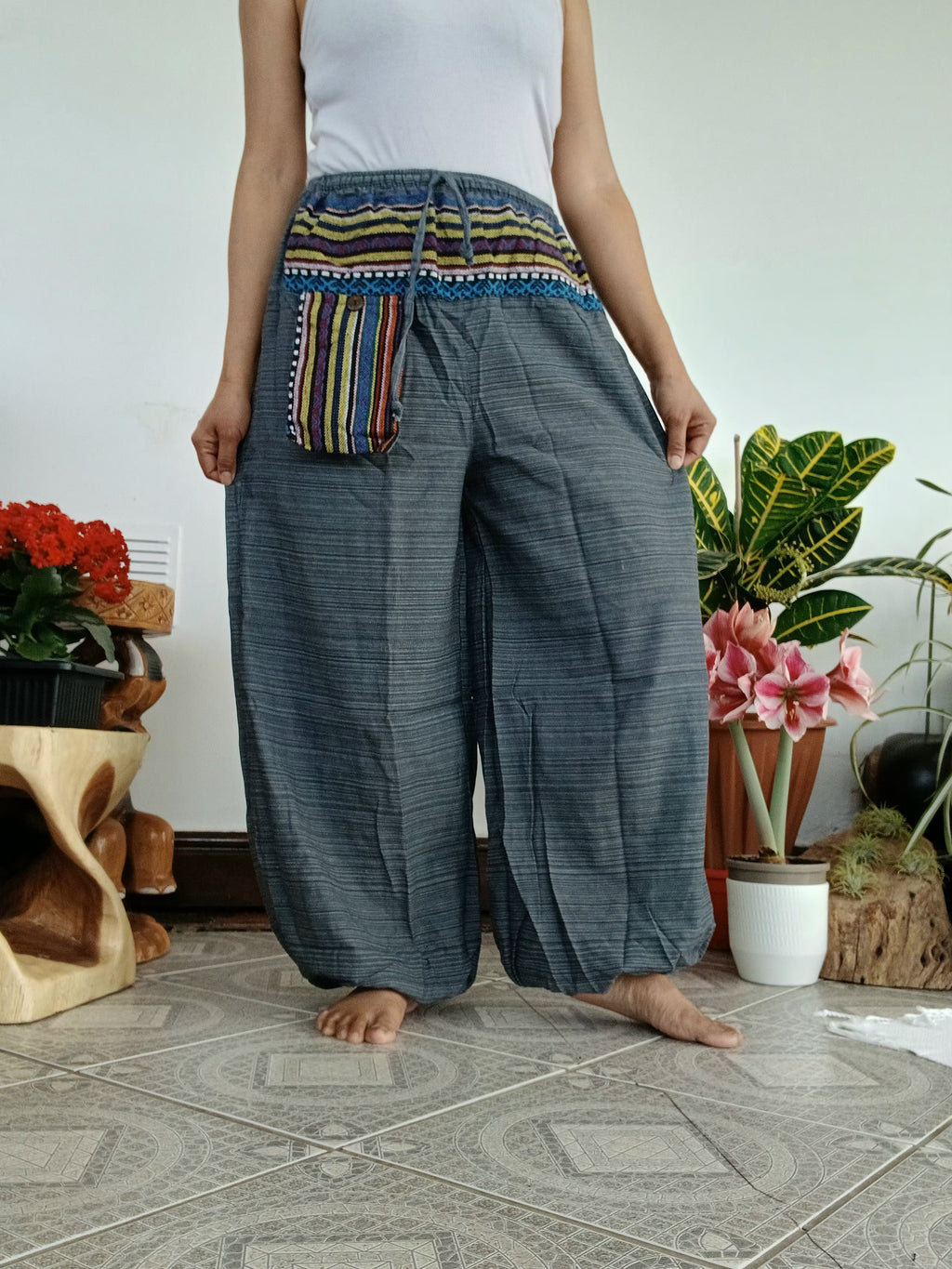 Boho Harem cotton Pants hippie relaxed fit trousers with Ethnic Pocket – Size S–L