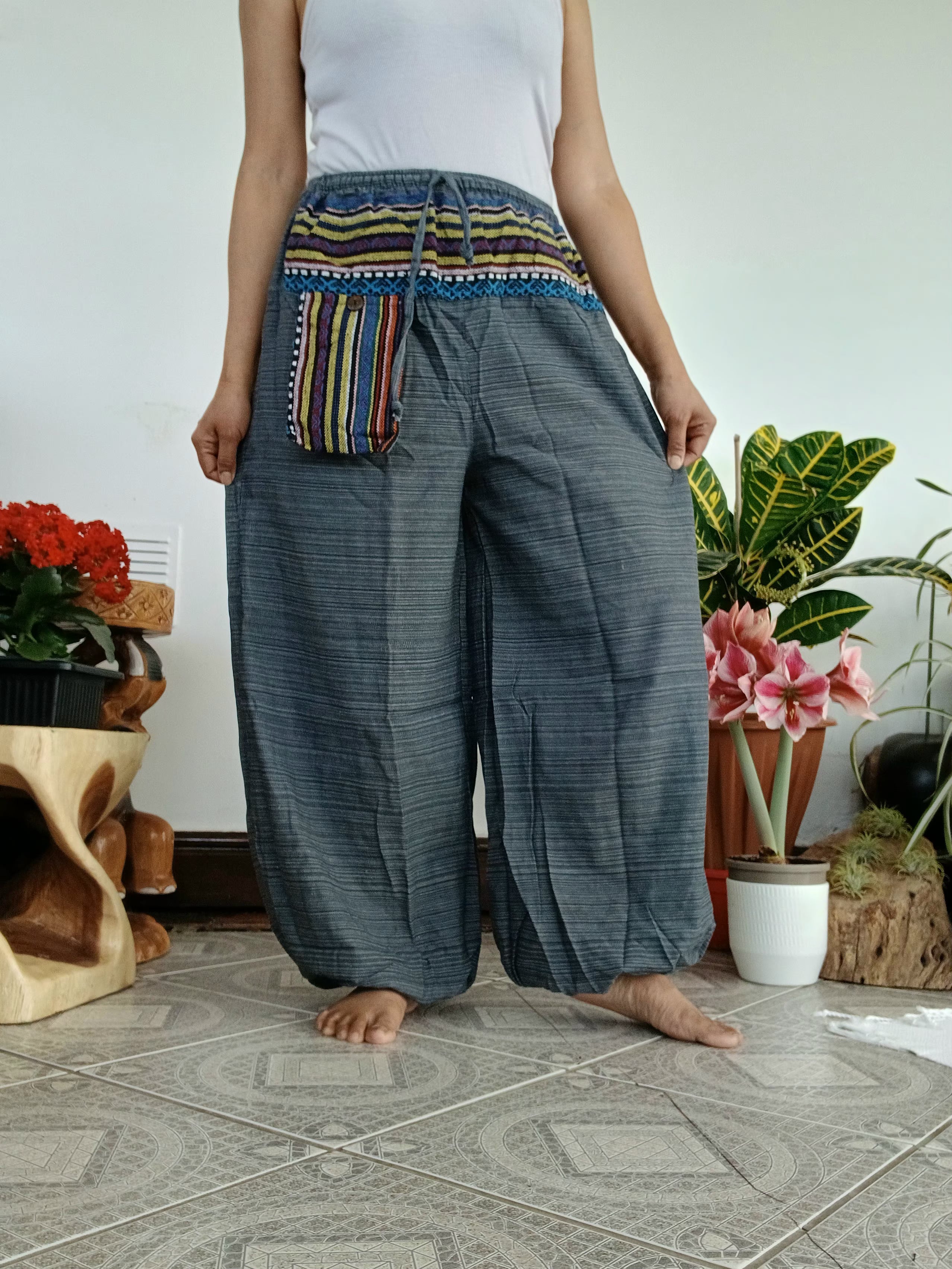 Boho Harem cotton Pants hippie relaxed fit trousers with Ethnic Pocket – Size S–L