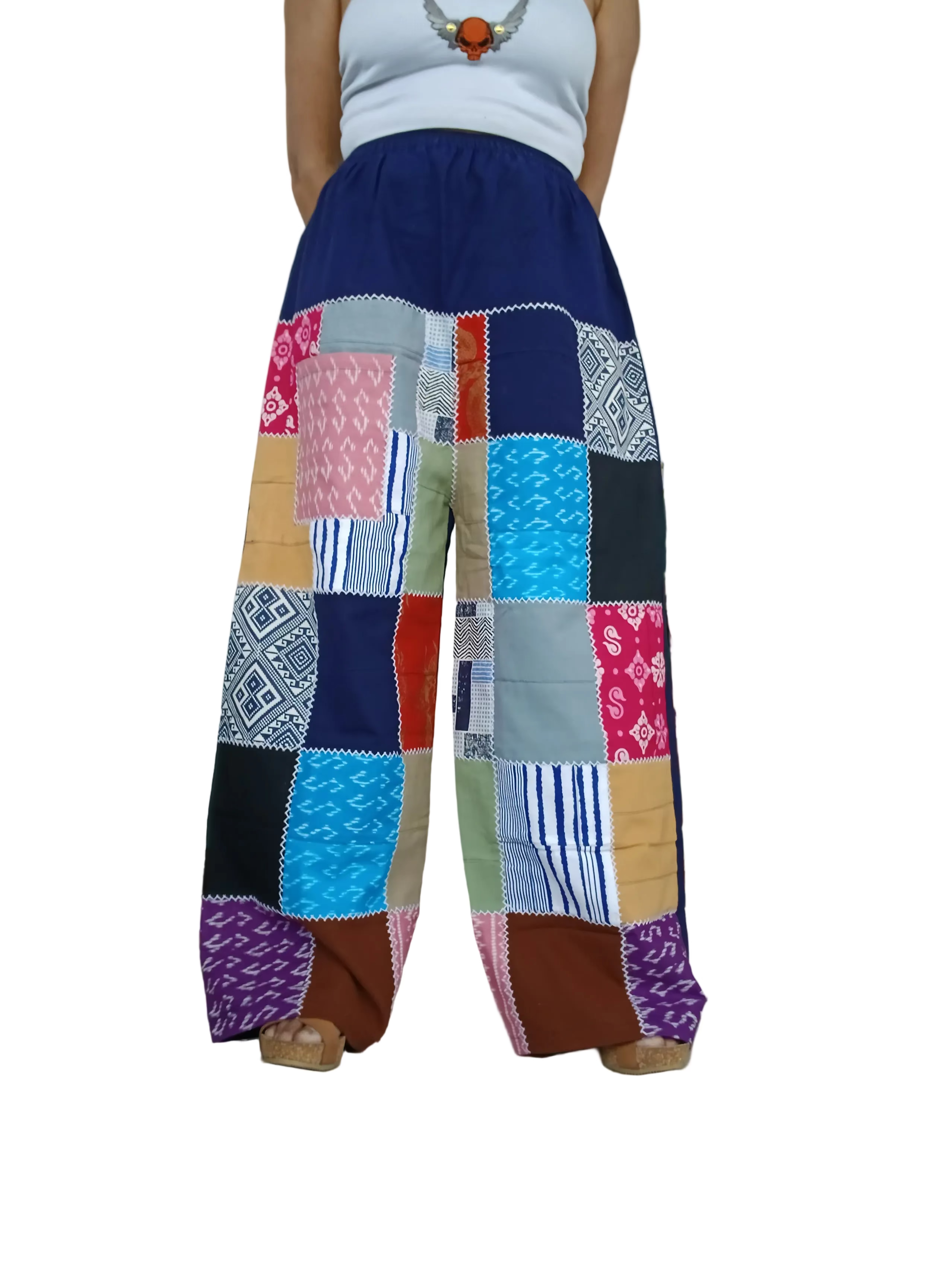 Cotton Navy Blue Multicolour Harem Pants Unique Random Patchwork Hippie Trousers