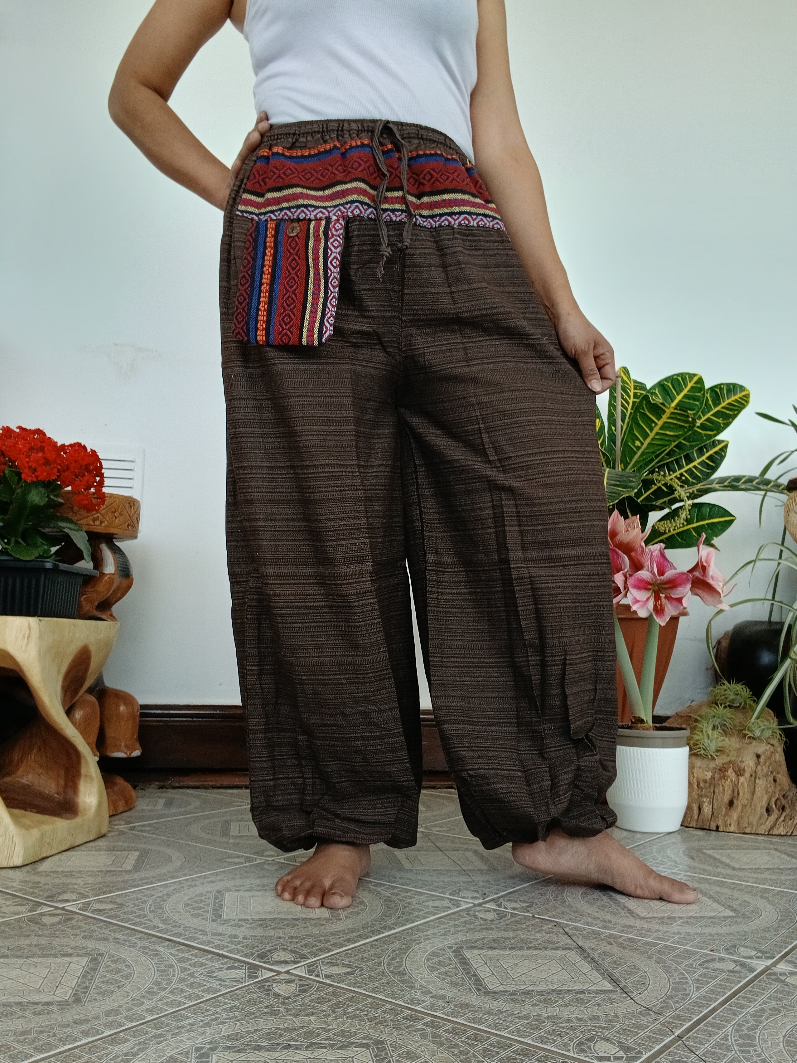 Unisex Brown cotton woven hippie Boho harem pants baggy relaxed fit trousers one size for S M L