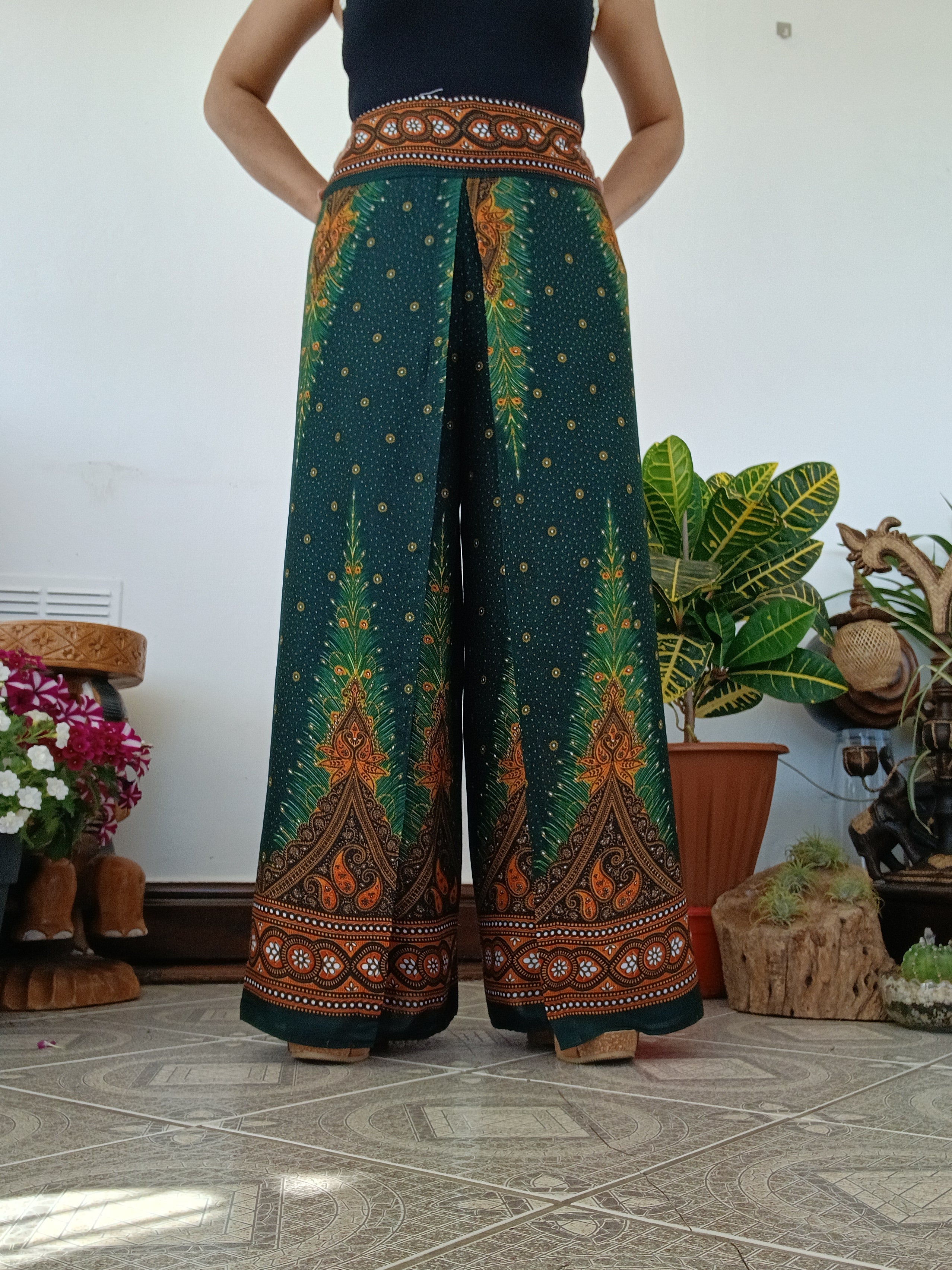 Darkgreen Boho High-Waisted wrap-around style harem pants One size fits 8-10-12