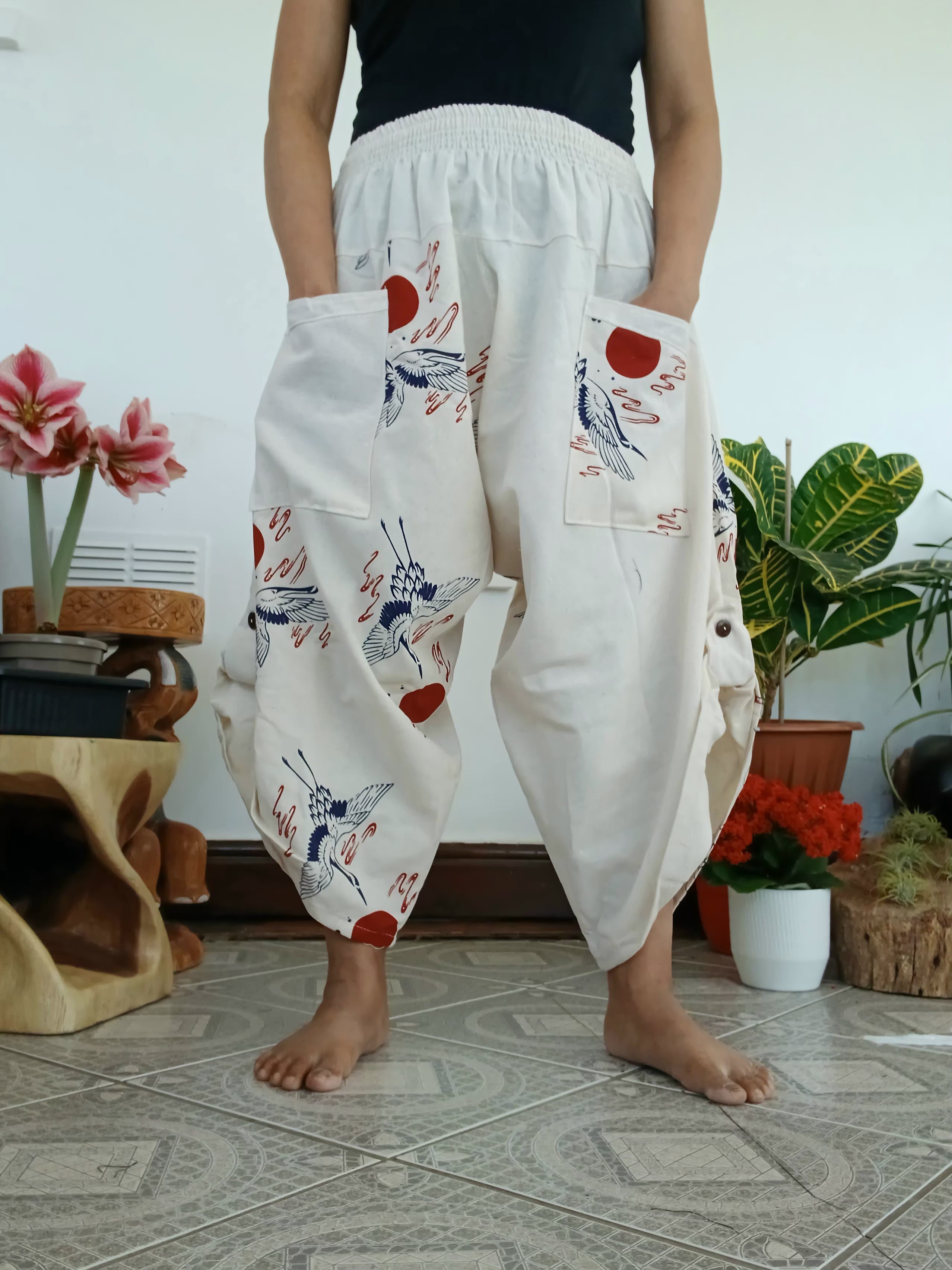 Cotton white Crane Japanese style boho harem pants wide leg hippie trousers one size fit 6-8-10