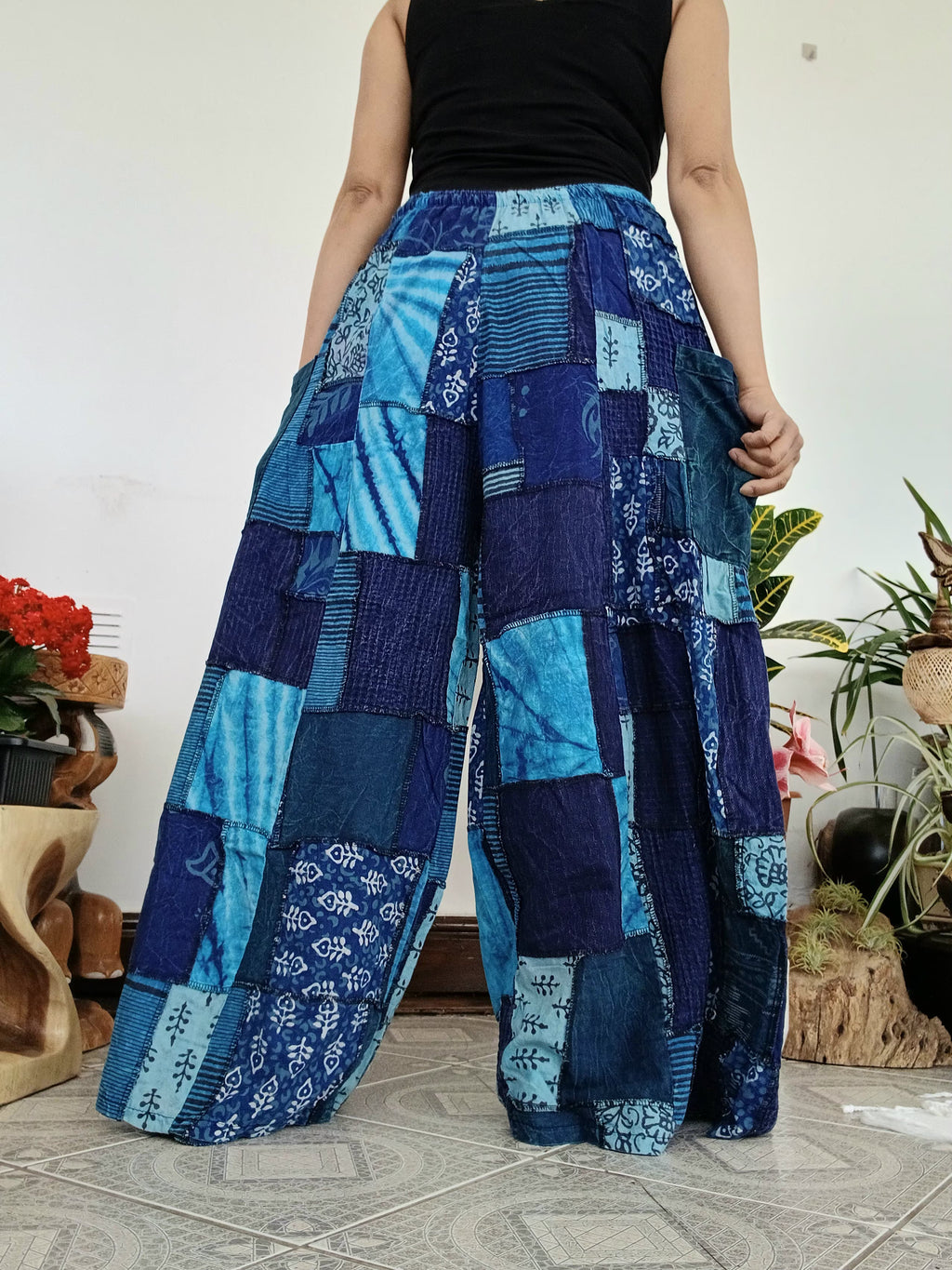 Blue patchwork wide leg Boho Palazzo Harem Pants baggy hippie trousers fit S M L