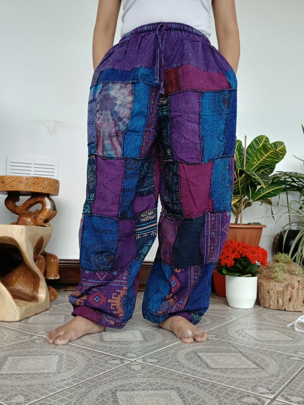 Stonewash patchwork purple tones Boho baggy loose-fit trousers joggers hippie Harem Pants unique one size