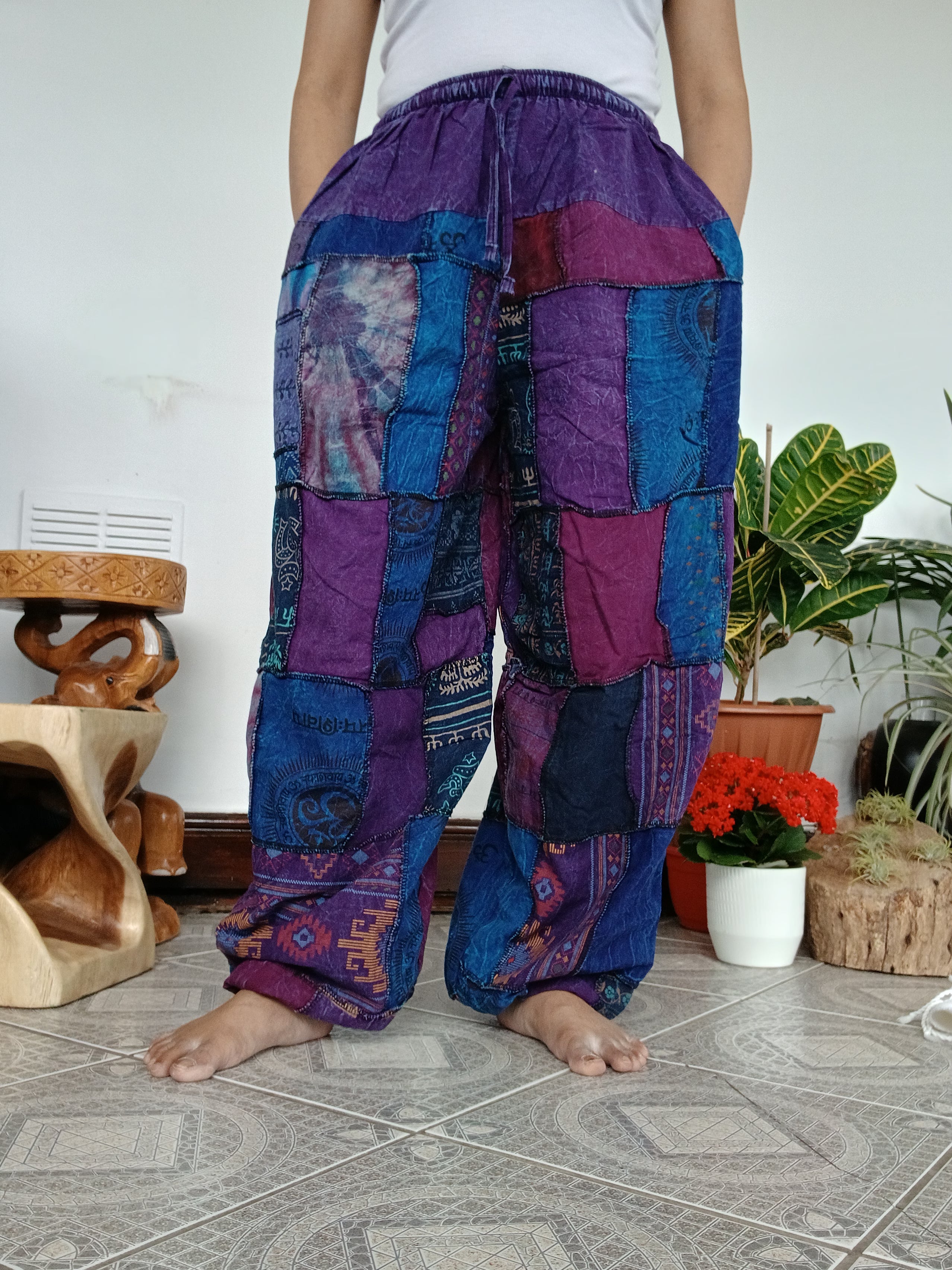 Stonewash patchwork purple tones Boho baggy loose-fit trousers joggers hippie Harem Pants unique one size