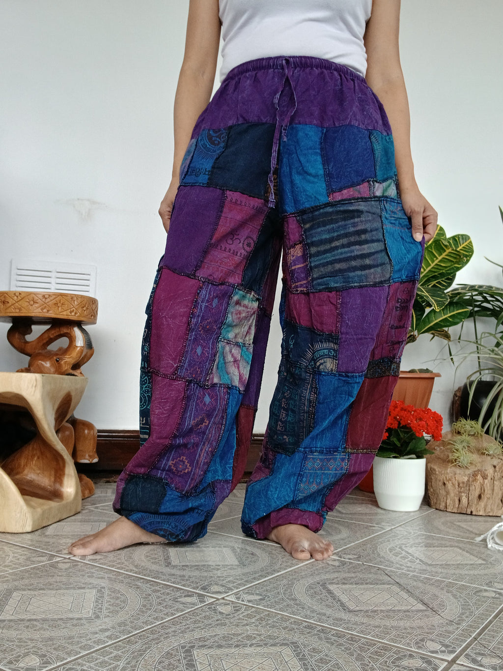 Stonewash patchwork purple tones Boho baggy loose-fit trousers joggers hippie Harem Pants unique one size