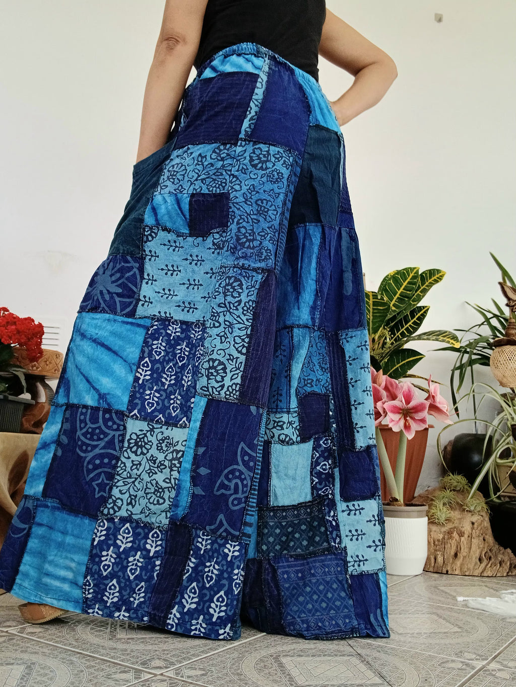 Blue patchwork wide leg Boho Palazzo Harem Pants baggy hippie trousers fit S M L