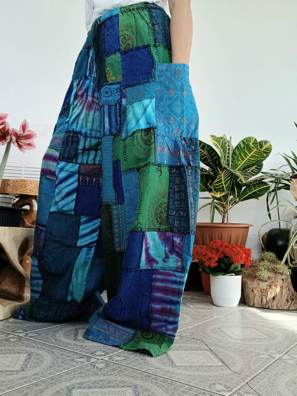 Blue Ocean tones patchwork Boho Wide-Leg hippie Harem Pants baggy Unique trousers for 8-12