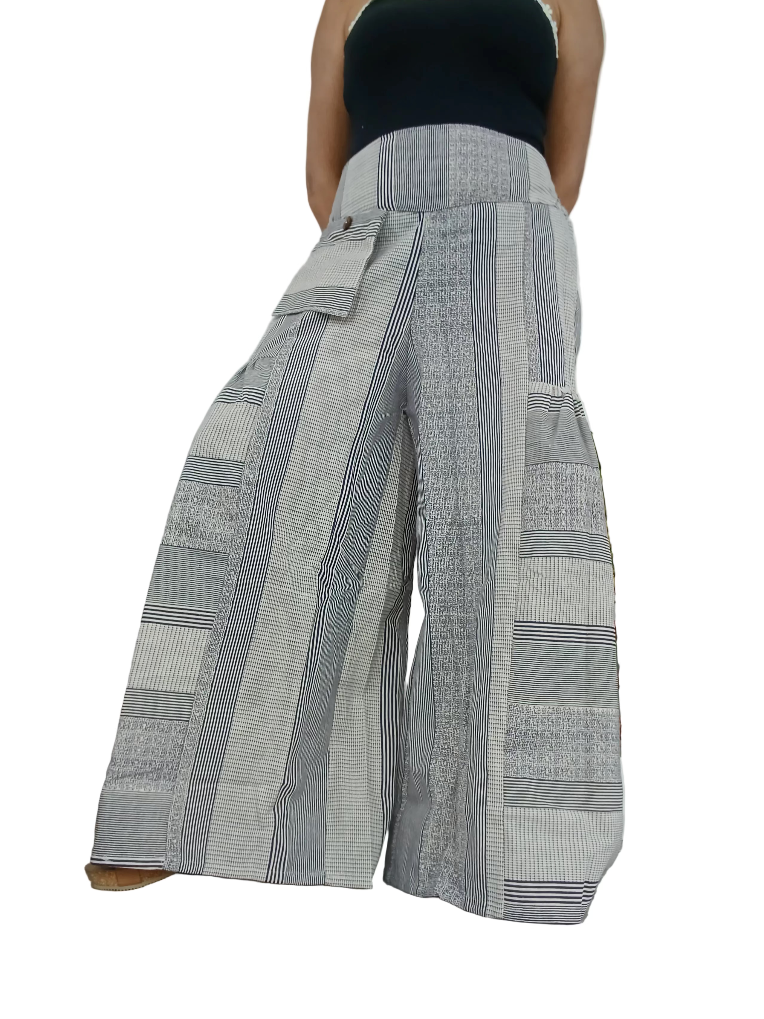 Cotton Cream patchwork Boho Wide-Leg Palazzo elegant Pants baggy hippie Harem Trousers one size fits 8-10-12