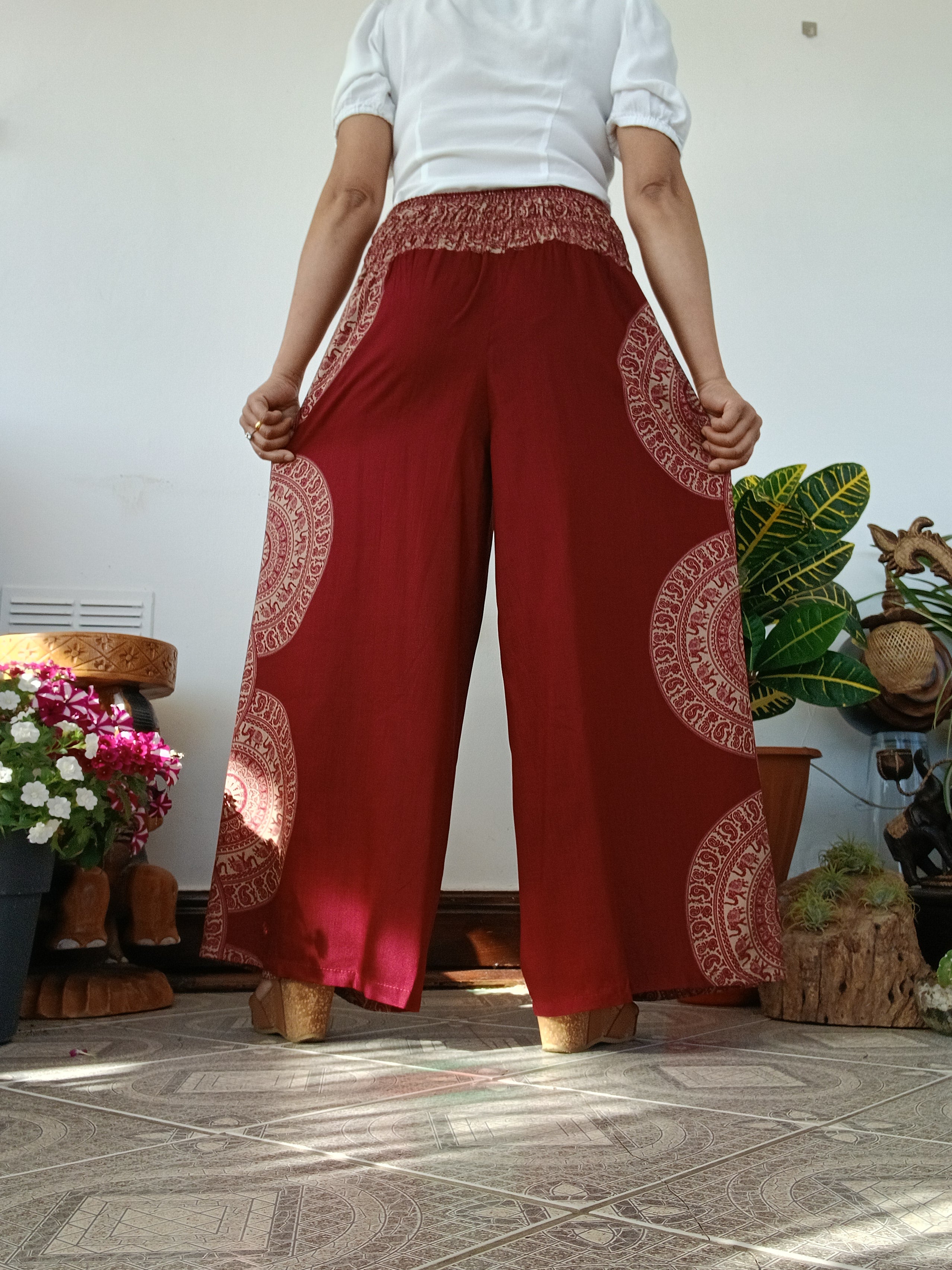 Red burgundy bohemian elegant flowy harem pants beautiful festival holiday trousers one size fit 8-10-12