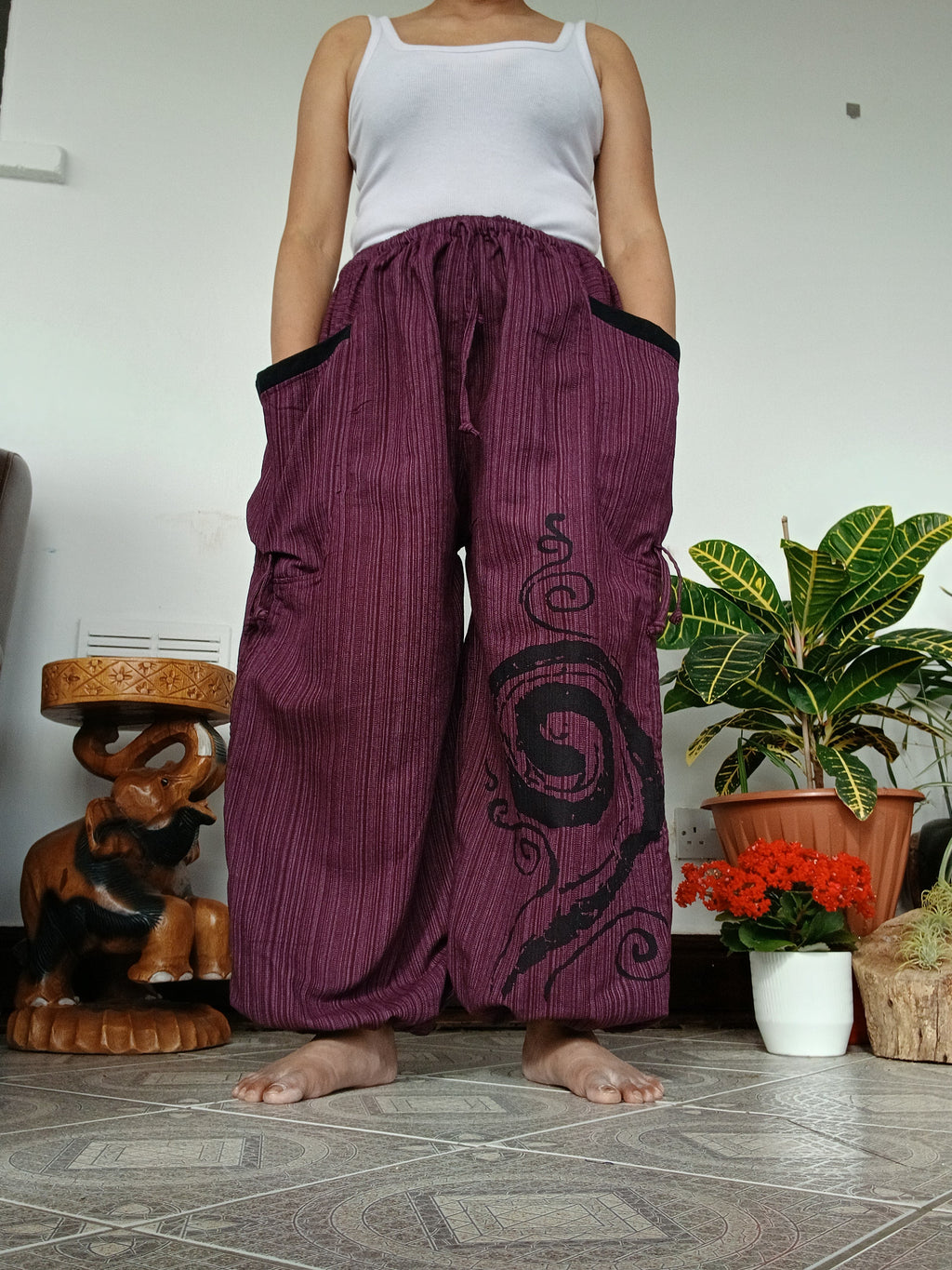 Purple cotton baggy hippie Boho poofy trousers joggers loose-fit harem pants
