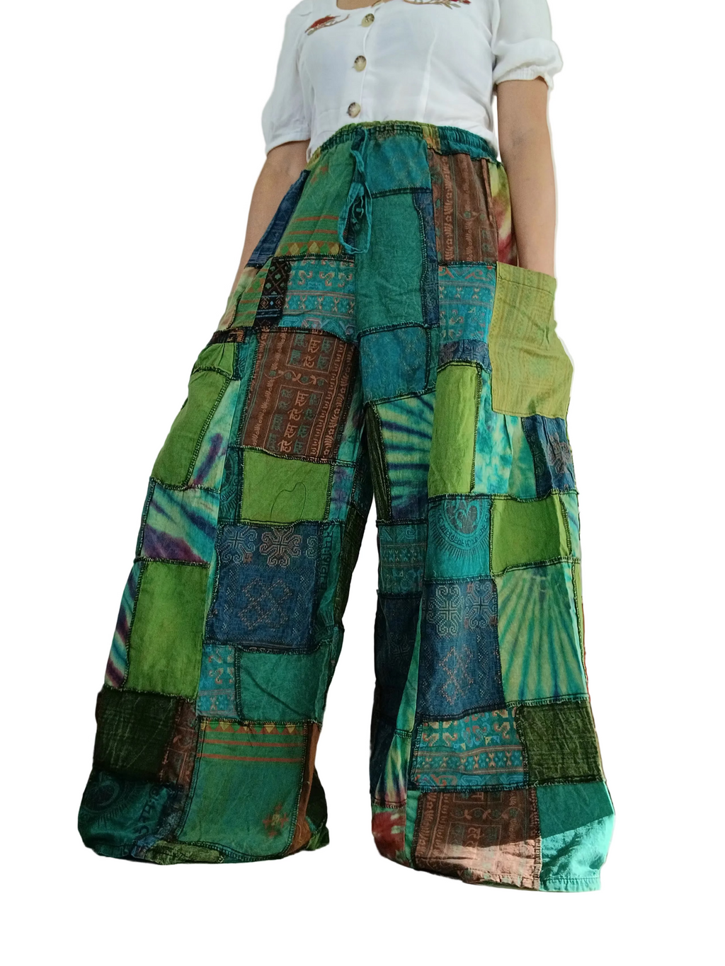 Green Earthy patchwork wide leg Boho Palazzo Harem Pants baggy hippie trousers fit 8-12