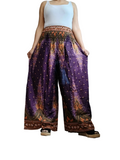 Purple bohemian feathers print wide leg elegant culottes trousers high-waisted baggy harem pants