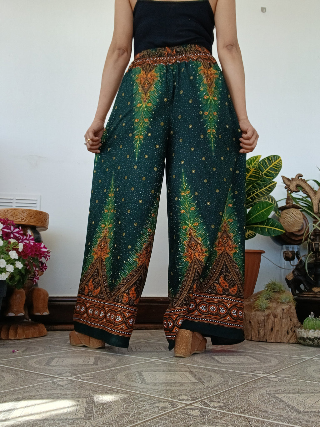 Darkgreen Boho High-Waisted wrap-around style harem pants One size fits 8-10-12