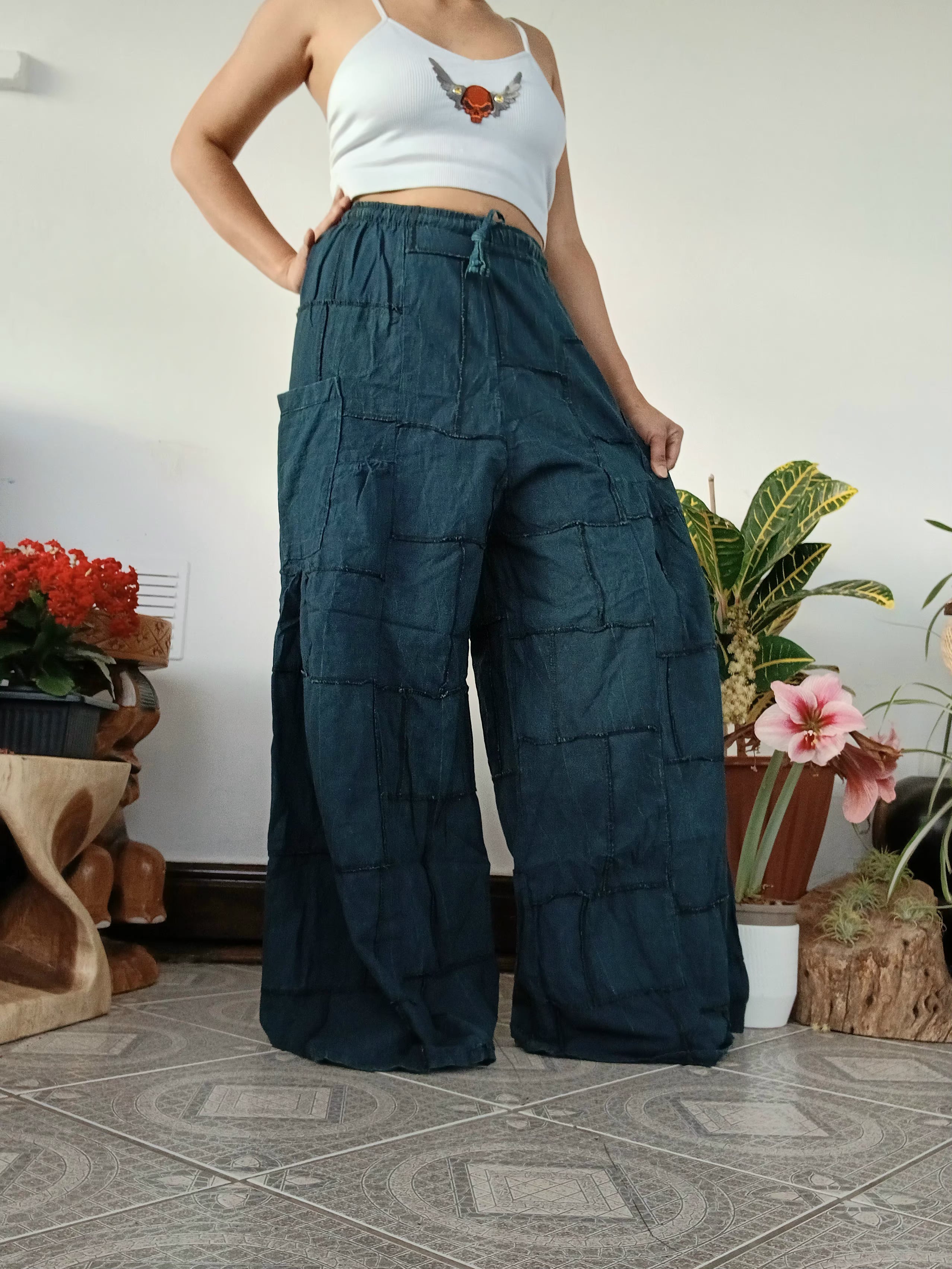 Cotton darkgreen turquoise patchwork Boho baggy harem pants wide leg palazzo flowy trousers for uk 8-10-12