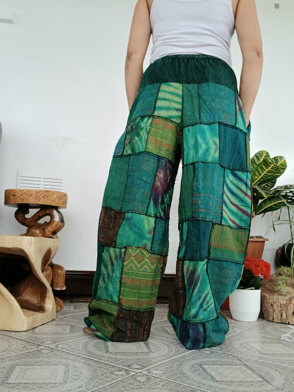 Cotton stonewash Emerald tones patchwork Boho baggy loose-fit trousers joggers harem hippie pants for unisex