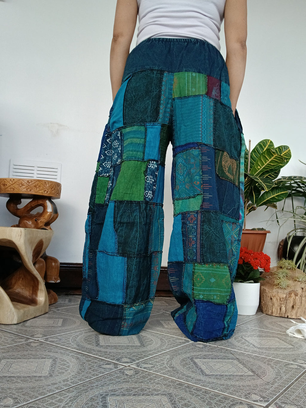 Blue green tones stonewash unique patchwork baggy boho harem pants hippie loose-fit trousers joggers